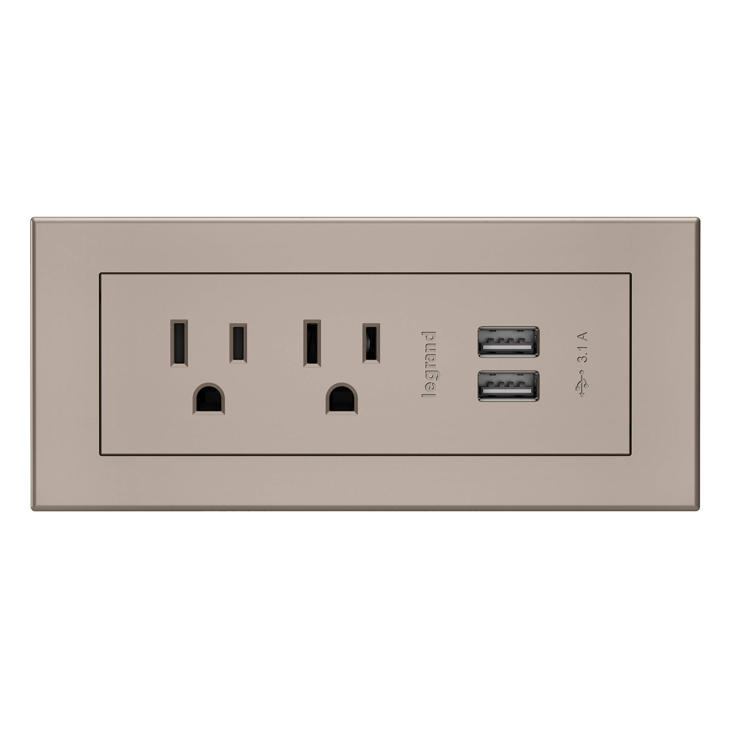 Legrand Wiremold RDZNI10 Recessed Power Strip with USB Charging - 2 AC Outlets & Type A USB Ports - 10ft Cord in Nickel Finish - Ideal for Home Office, Bedroom & Entertainment Center Power Solutions