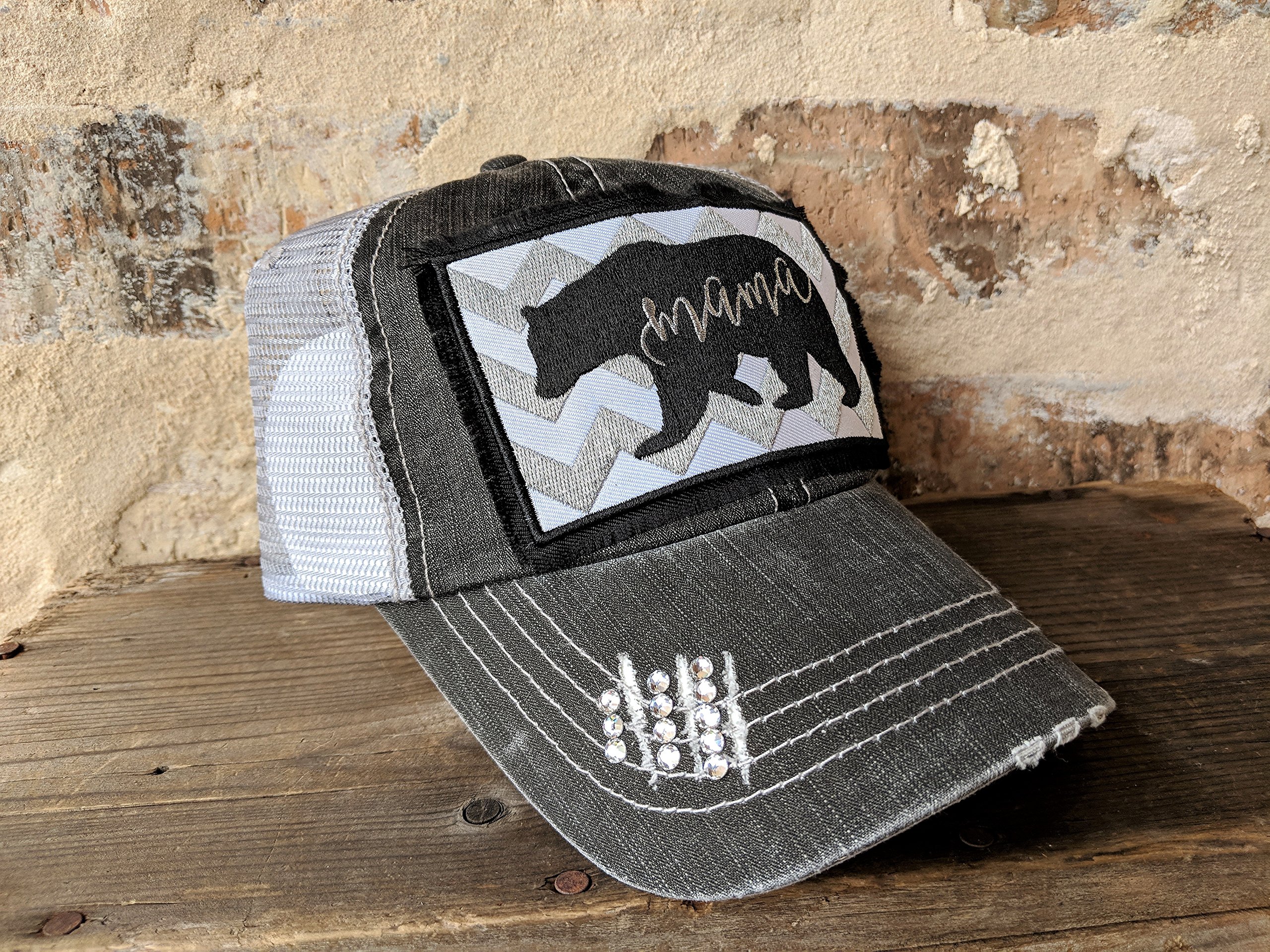 Women's Mama Bear Embroidered Patch Baseball Cap - Adjustable Mesh Back Trucker Hat in Dark Grey/Black | Lightweight Mother's Day Birthday Gift with Optional Rhinestone Personalization | Perfect for Outdoor Activities, Casual Wear & Special Occasions