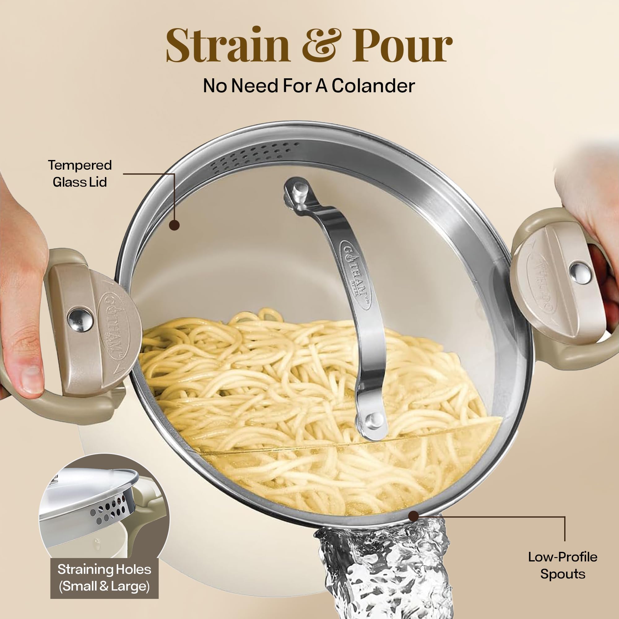 GOTHAM STEEL 5 Quart Ceramic Nonstick Stock Pot with Strainer Lid & Locking Handles - Multipurpose Pasta, Soup, Rice Cooker - Dishwasher Safe Kitchen Cookware (Cream) - Perfect for Family Dinners, Meal Prep & Entertaining