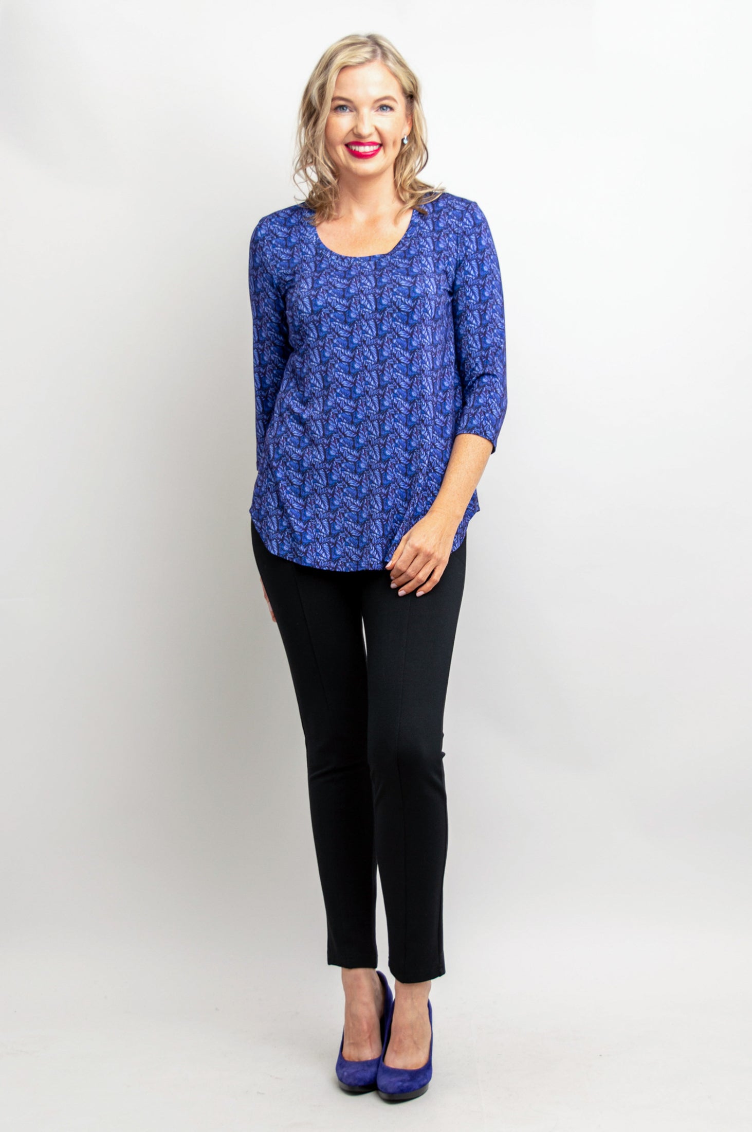 Jazz 3/4 Sleeve Women's Top - Midnight Leaves Print Bamboo Fabric Blouse for Casual Wear & Summer Outfits