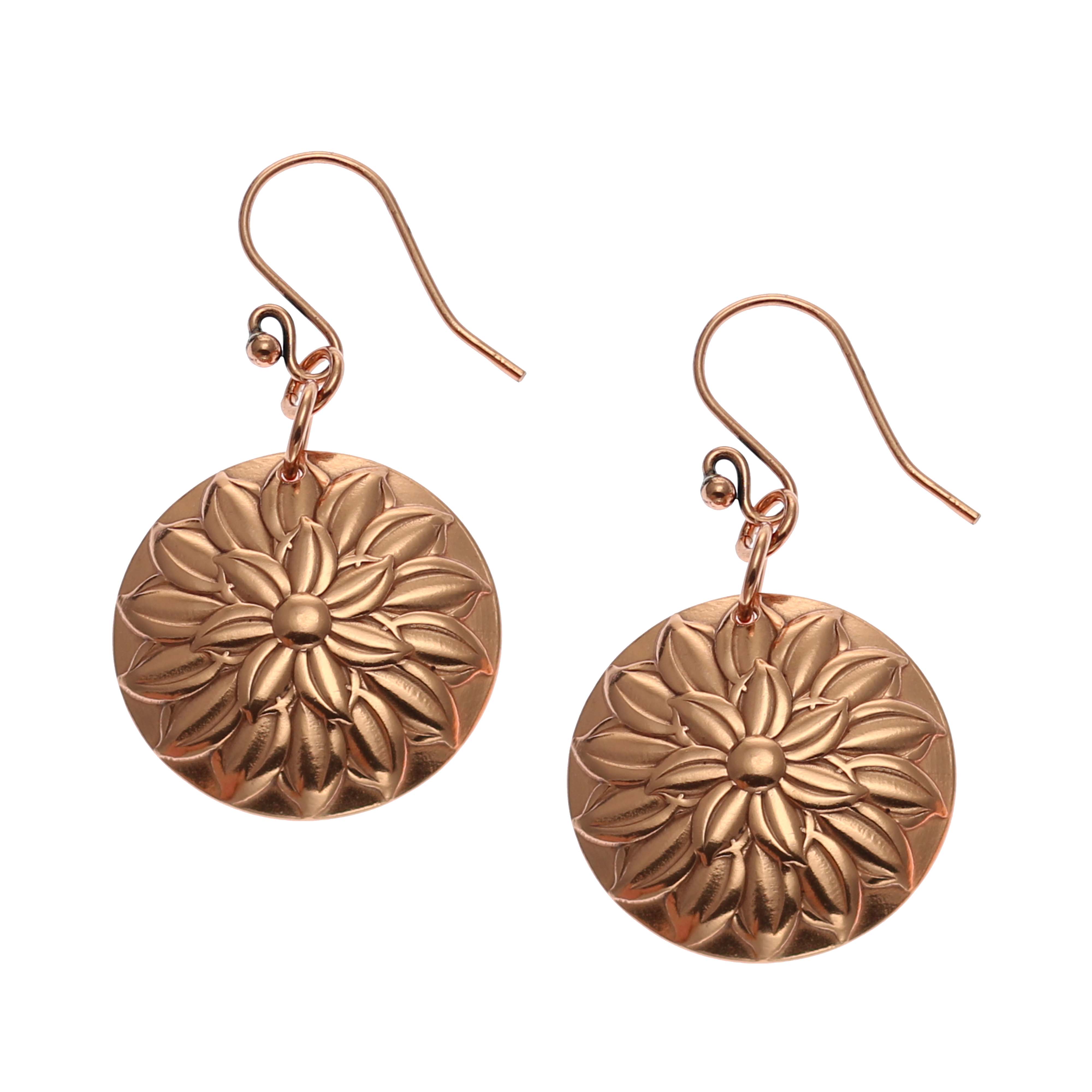 Chrysanthemum Copper Disc Earrings for Women - Handmade Boho Dangle Earrings - Lightweight Vintage Jewelry Gift for Birthday, Wedding & Everyday Wear
