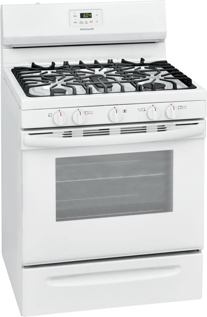 Frigidaire FCRG3052AW 30 Inch Freestanding Gas Range with 5 Sealed Burners, 5 Cubic Feet Oven Capacity in White - Perfect for Home Kitchens, Baking, and Family Cooking