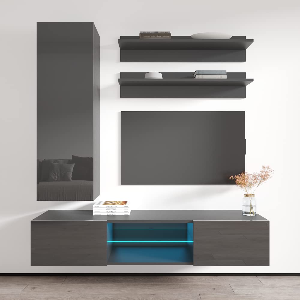 Modern Wall-Mounted TV Stand with Storage Shelves & LED Lights - 33