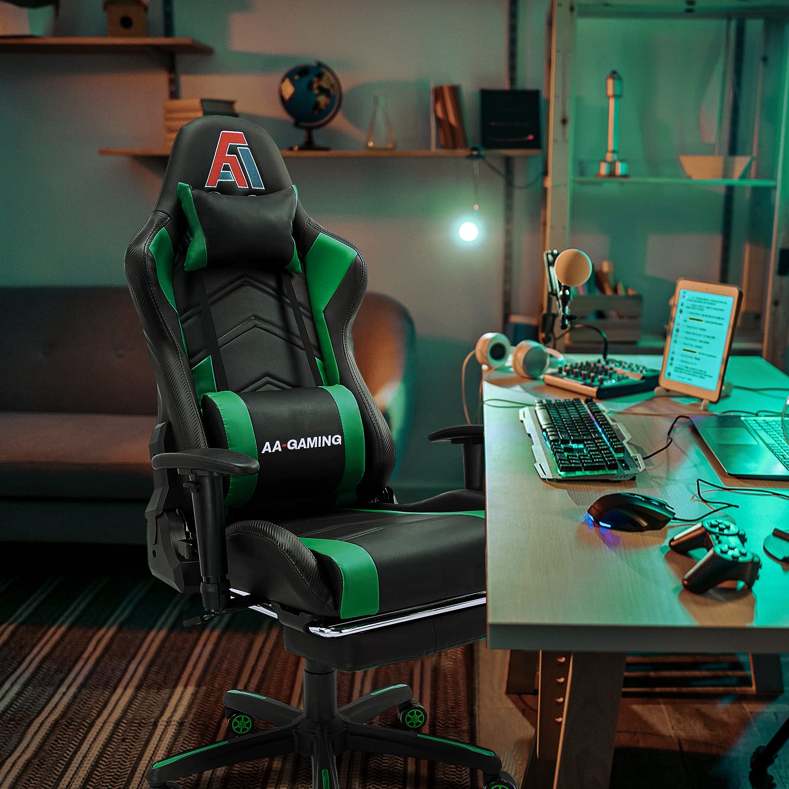 Premium Gaming Chair - High Back Ergonomic Computer Racing Chair with Adjustable Lumbar Support & Footrest - Swivel Office Gamer Chair for PC, PS5, Xbox - Black Green (Perfect for Esports, Streaming & Home Office)