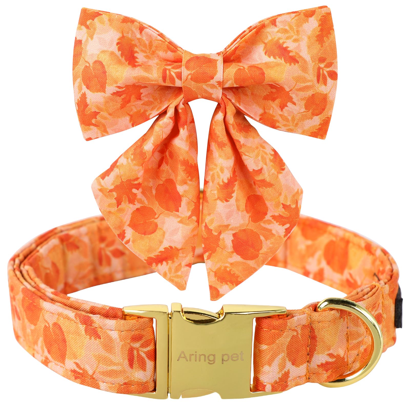 ARING PET Fall Dog Collar - Adjustable Cotton Yellow Dog Collar with Sailor Bowtie & Autumn Leaves Pattern, Metal Buckle for Small Medium Large Dogs - Perfect for Autumn Walks, Halloween Costumes & Seasonal Photo Shoots