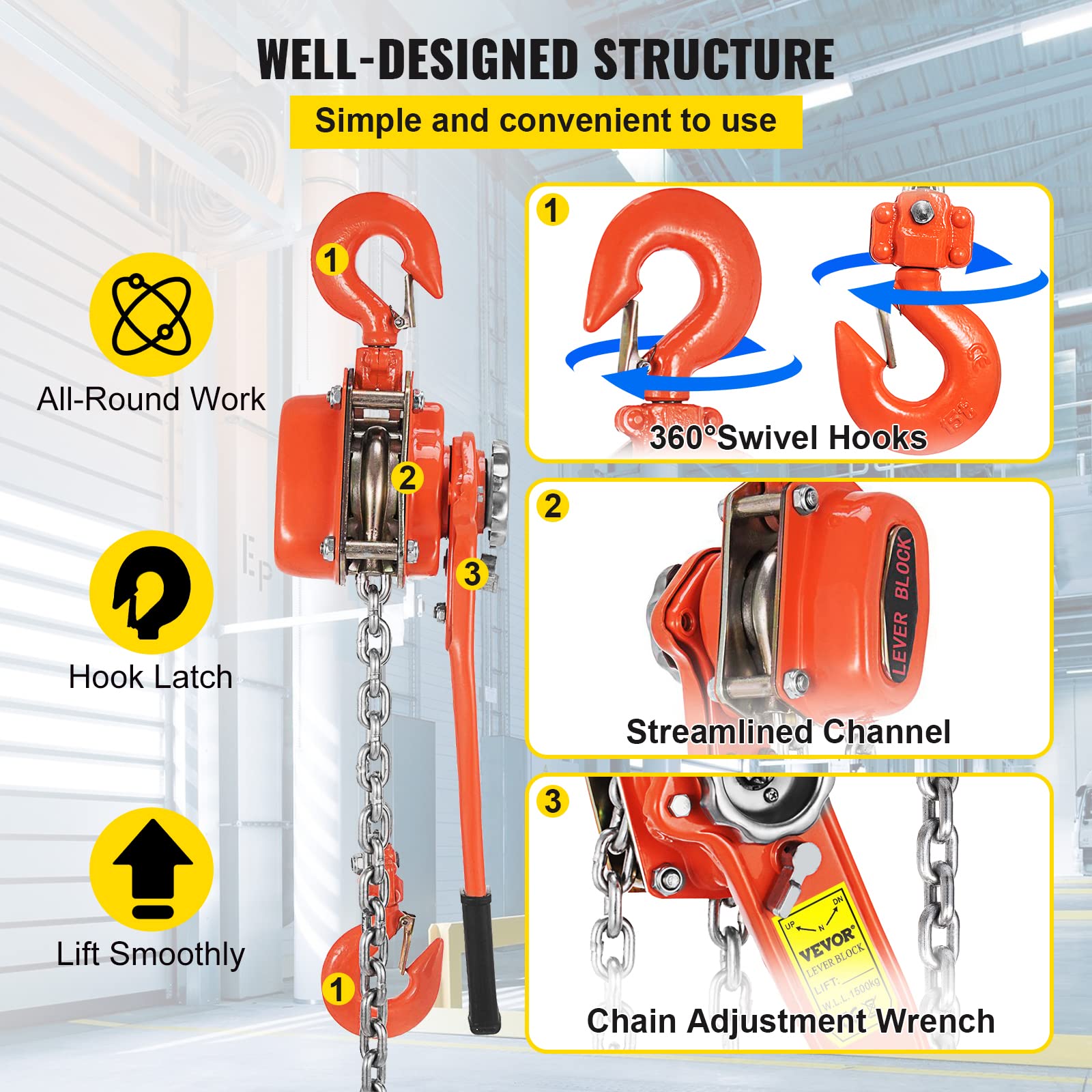 Happybuy 6600 lbs Manual Lever Chain Hoist - 3 Ton Capacity, 10ft Chain, 5/16