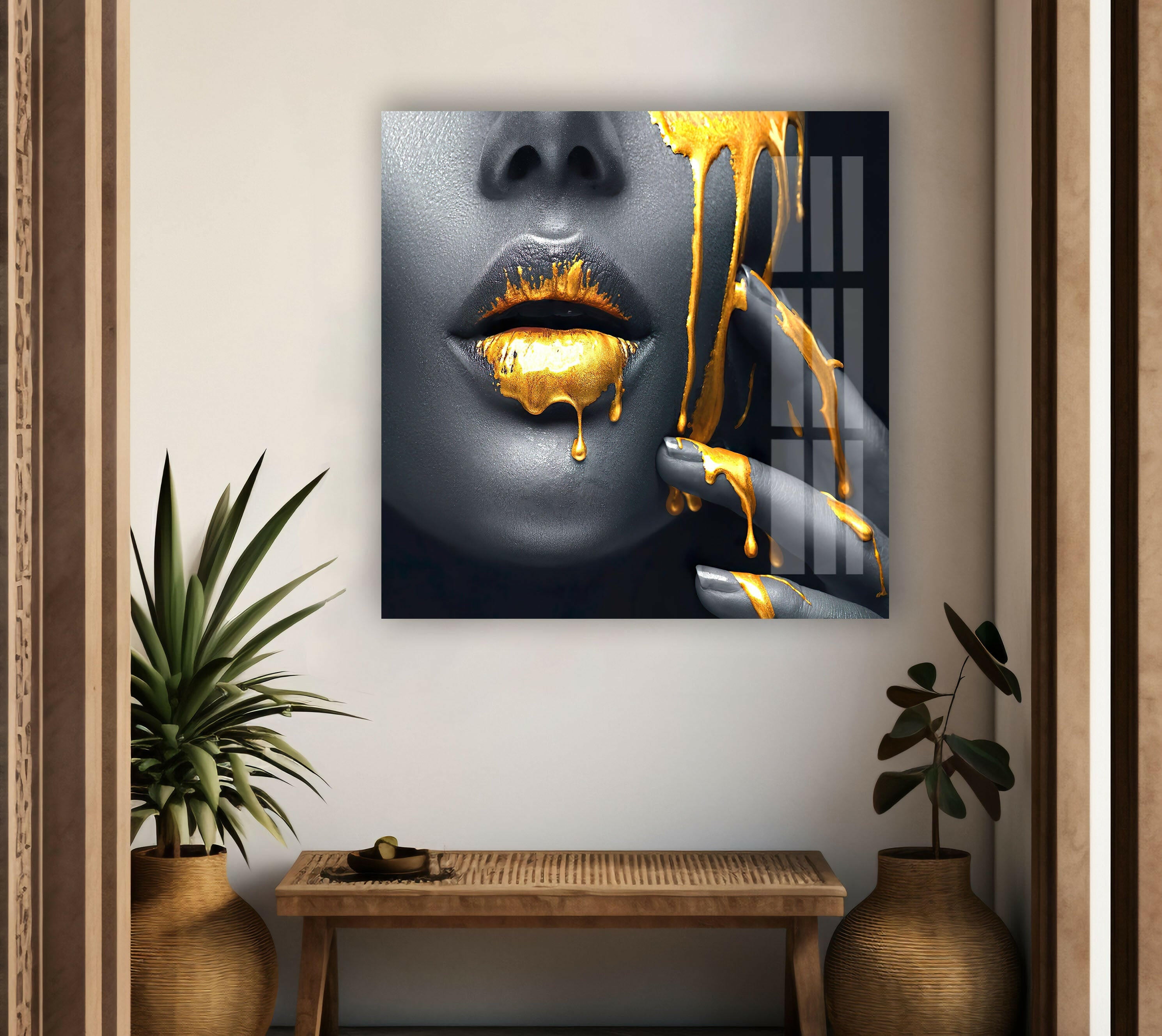 Black Woman with Yellow Lips Glass Wall Art - Elegant Modern Home Decor for Living Room, Bedroom, or Office