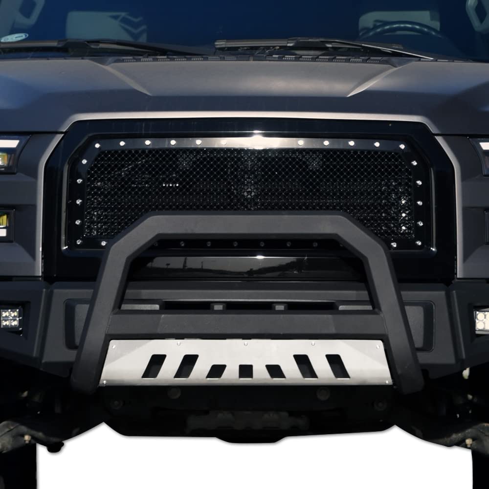 2011-2013 Dodge Durango & 2011-2015 Jeep Grand Cherokee Matte Black AVT Style Bull Bar with Stainless Steel Skid Plate - Heavy Duty Front Grille Guard for Off-Road Protection & Truck Accessories