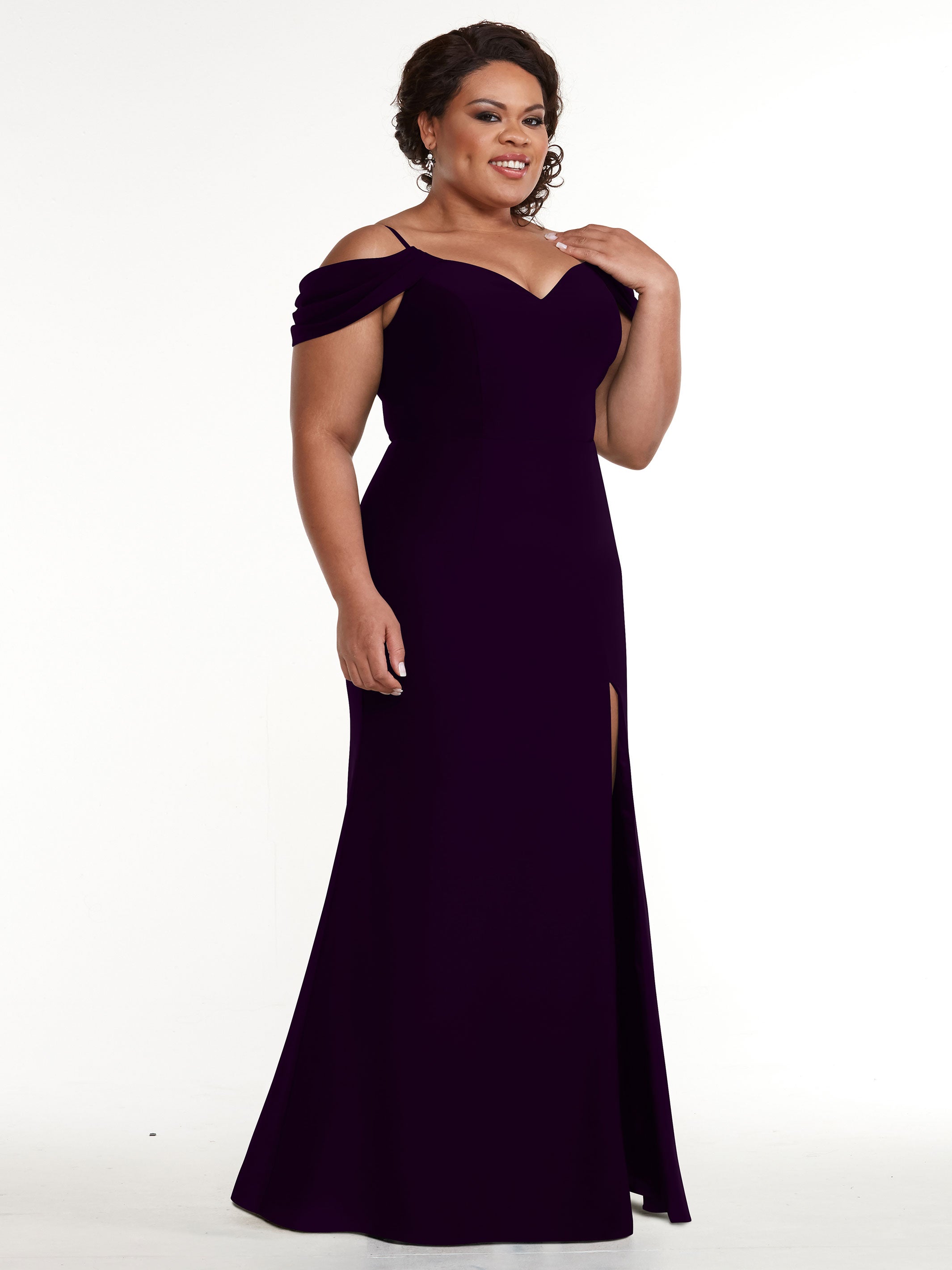 Elegant 83029 Fitted Stretch Chiffon Off-The-Shoulder Bridesmaid Dress with High Slit - Perfect for Weddings, Prom & Formal Events