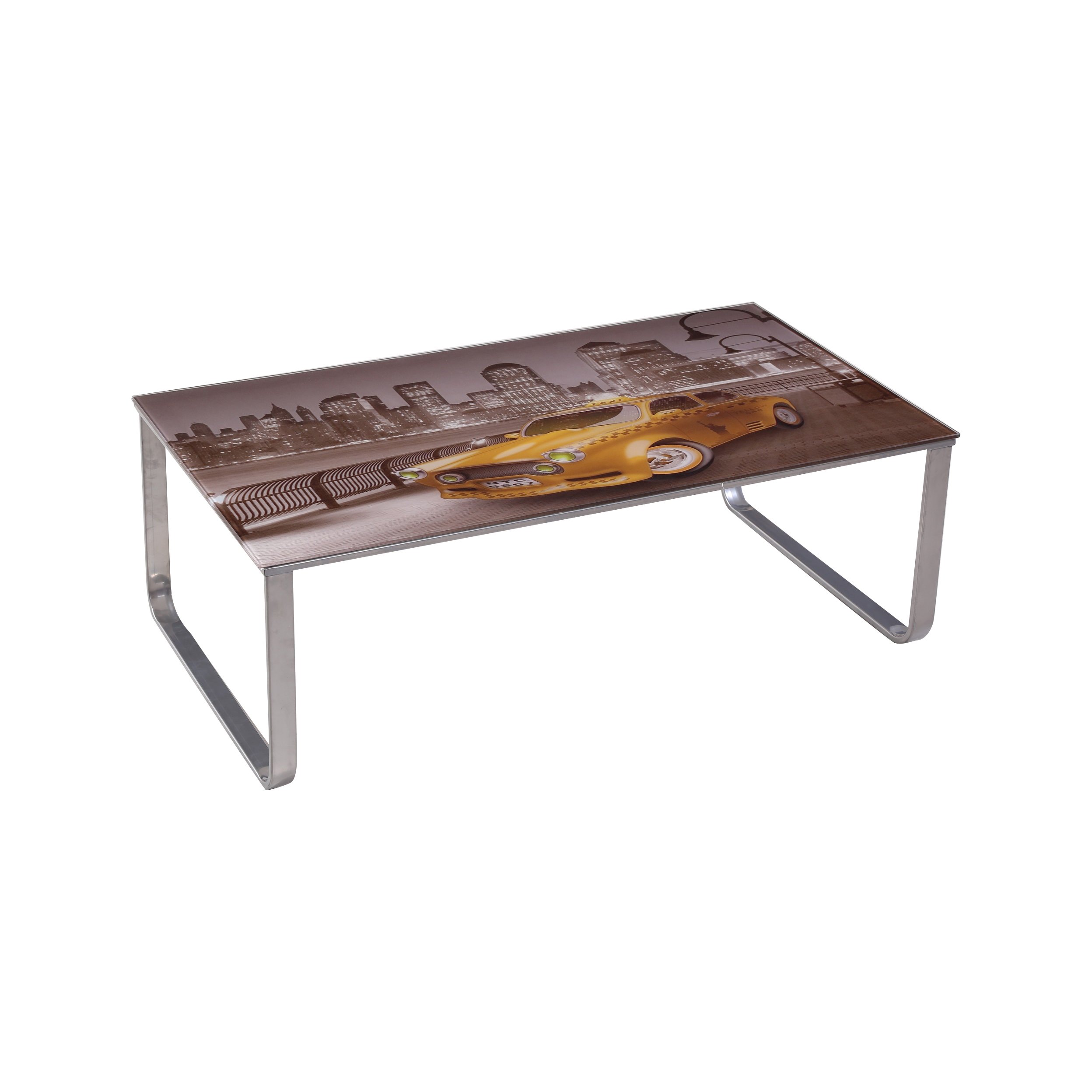 Stylish Eclectic Living Room Coffee Table with Steel Frame & 8mm Tempered Glass Scenery Top - Perfect for Modern Home Decor, Office Lounge or Coffee Shop