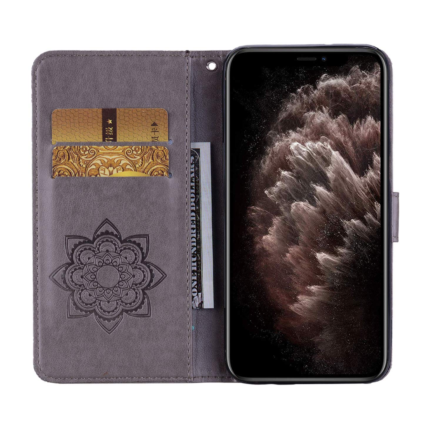 Premium Glitter Bling Diamond PU Leather Wallet Case for iPhone 13 Pro Max - Credit Card Holder & Wrist Strap Included (Owl Grey) | Stylish Protective Flip Cover for Everyday Use, Travel & Shopping
