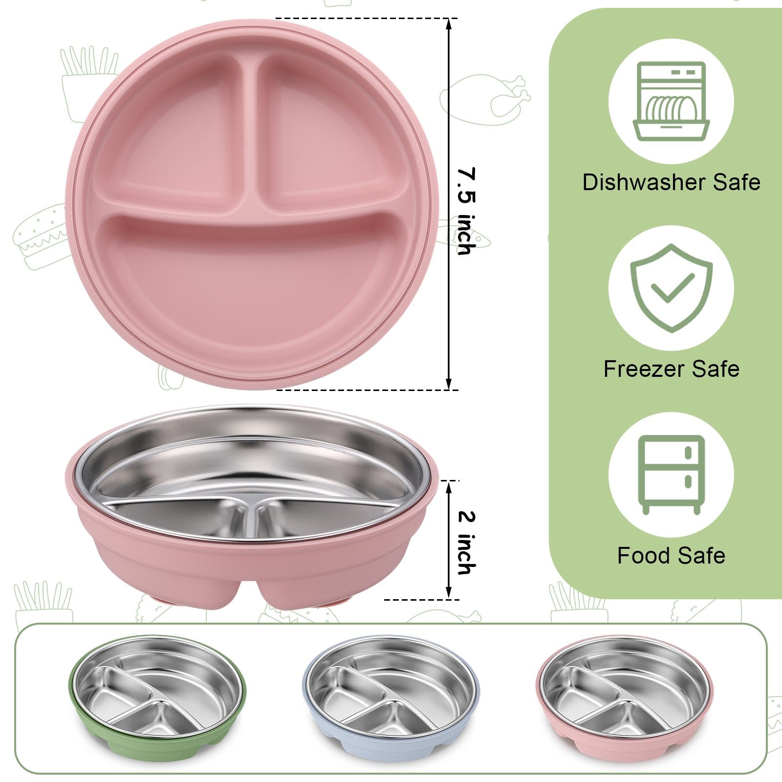 Nuogo 3-Pack Stainless Steel Baby Suction Plates with Removable Silicone Shell - 2-in-1 Divided Toddler Bowls for Picky Eaters | Dishwasher Safe | Perfect for Baby-Led Weaning, Travel & Mess-Free Feeding (Blue, Pink, Green)
