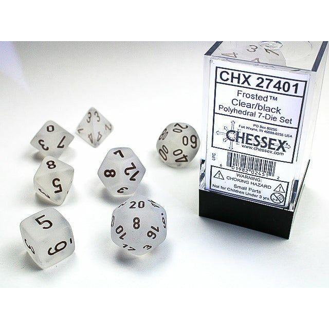 7-Piece Frosted Dice Set - Clear & Black RPG Dice for Dungeons & Dragons, Pathfinder, and Tabletop Gaming