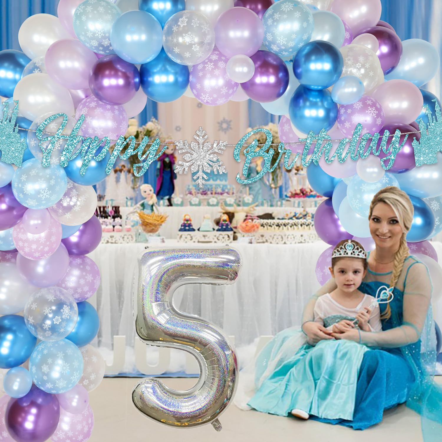 Ice Princess 5th Birthday Party Decorations Kit - Snowflake Balloon Garland Arch, Blue White Purple Theme for Girls Birthday Party | Perfect for Frozen-Themed Celebrations, Princess Parties & Winter Wonderland Events