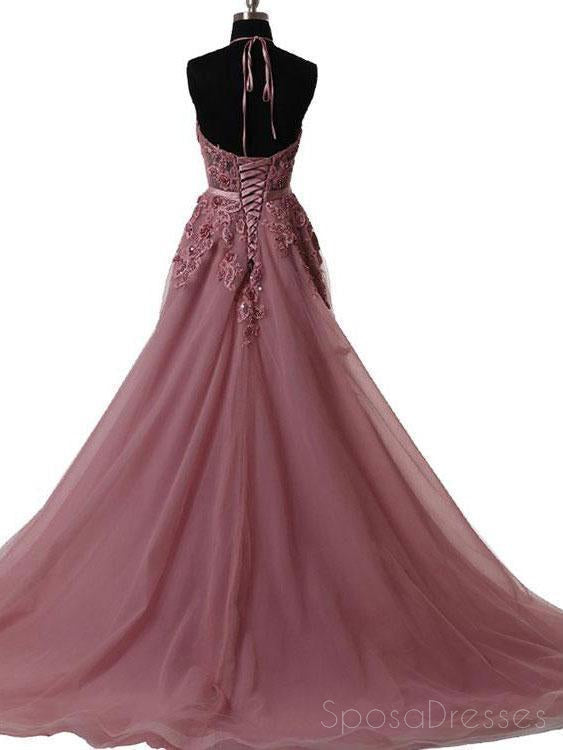 Elegant Halter Dusty Red See-Through A-Line Lace Long Evening Prom Dress - Custom Made Formal Gown for Women | Perfect for Prom Night, Homecoming, Wedding Guest & Special Occasions