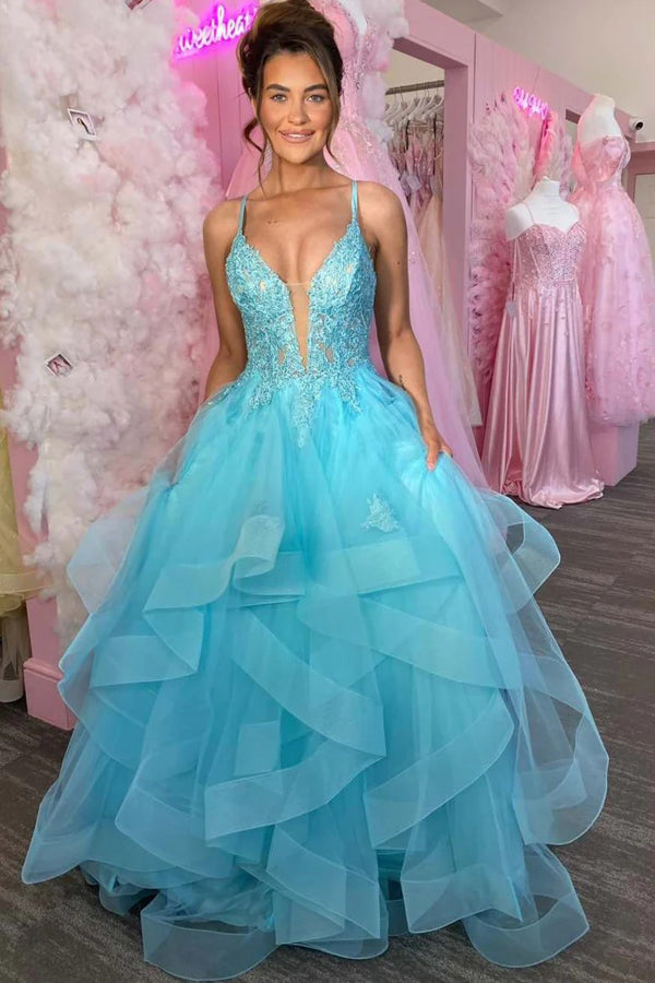 Elegant A-Line Sleeveless V-Neck Blue Prom Dress with Ruffles & Appliques - Perfect for Homecoming, Formal Dances & Special Occasions