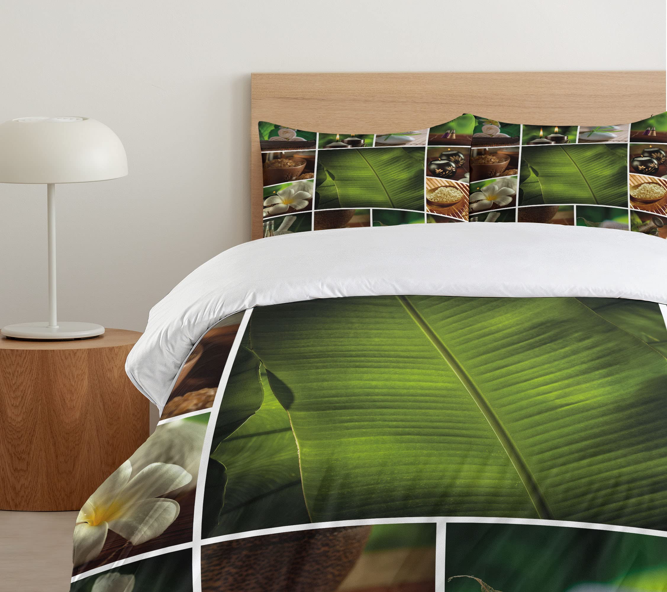 Ambesonne Spa Duvet Cover Set King Size - Botanical Plants & Relaxing Spa Elements Design with 2 Pillow Shams, 3-Piece Bedding Set in Green White & Brown - Perfect for Master Bedrooms, Guest Rooms & Spa Retreats