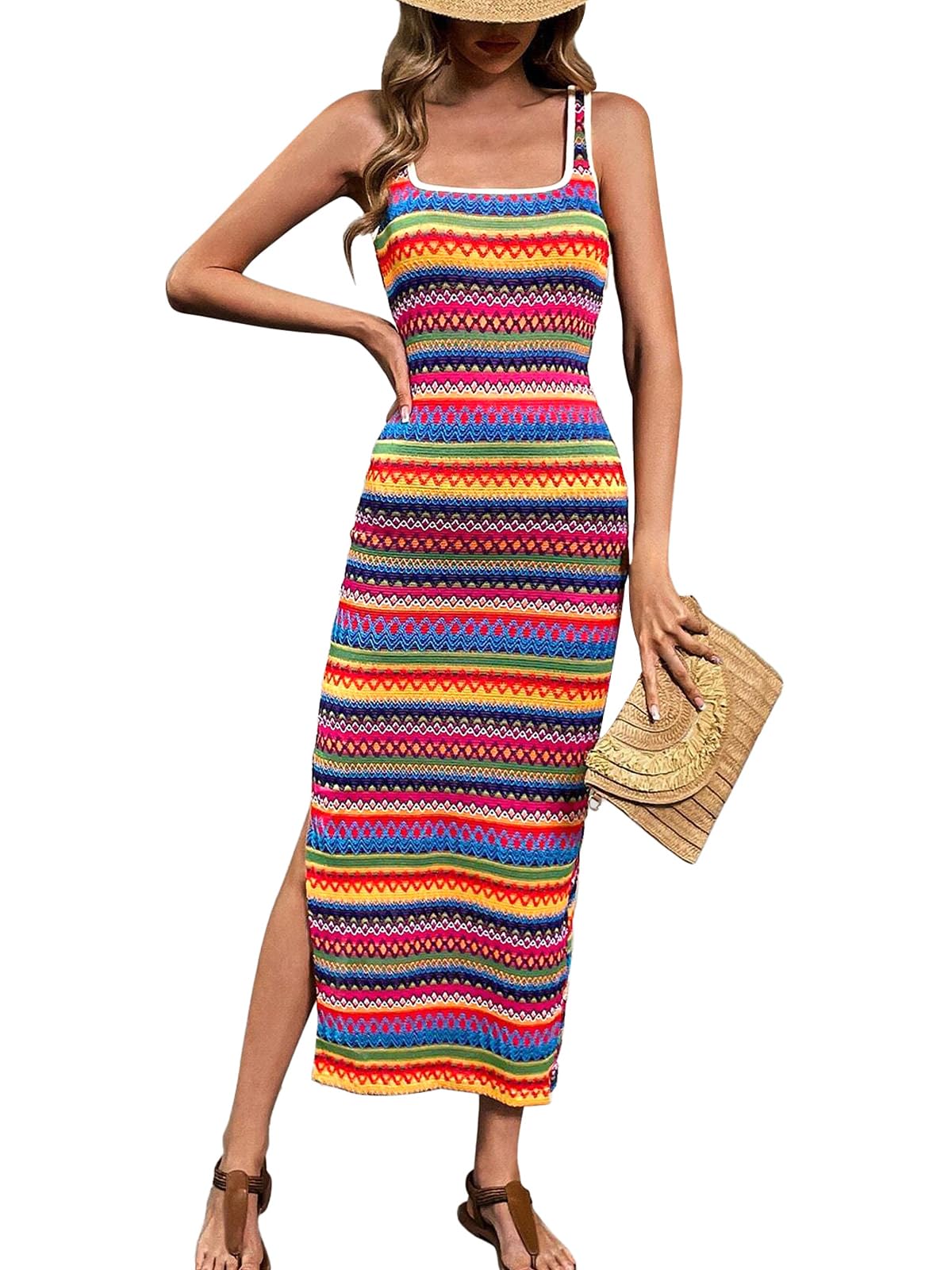 PRETTYGARDEN Women's Summer Striped Maxi Dress 2025 - Casual Square Neck Fitted Tank Sundress for Beach Vacation, Boho Style | Perfect for Outdoor Parties, Travel & Date Nights