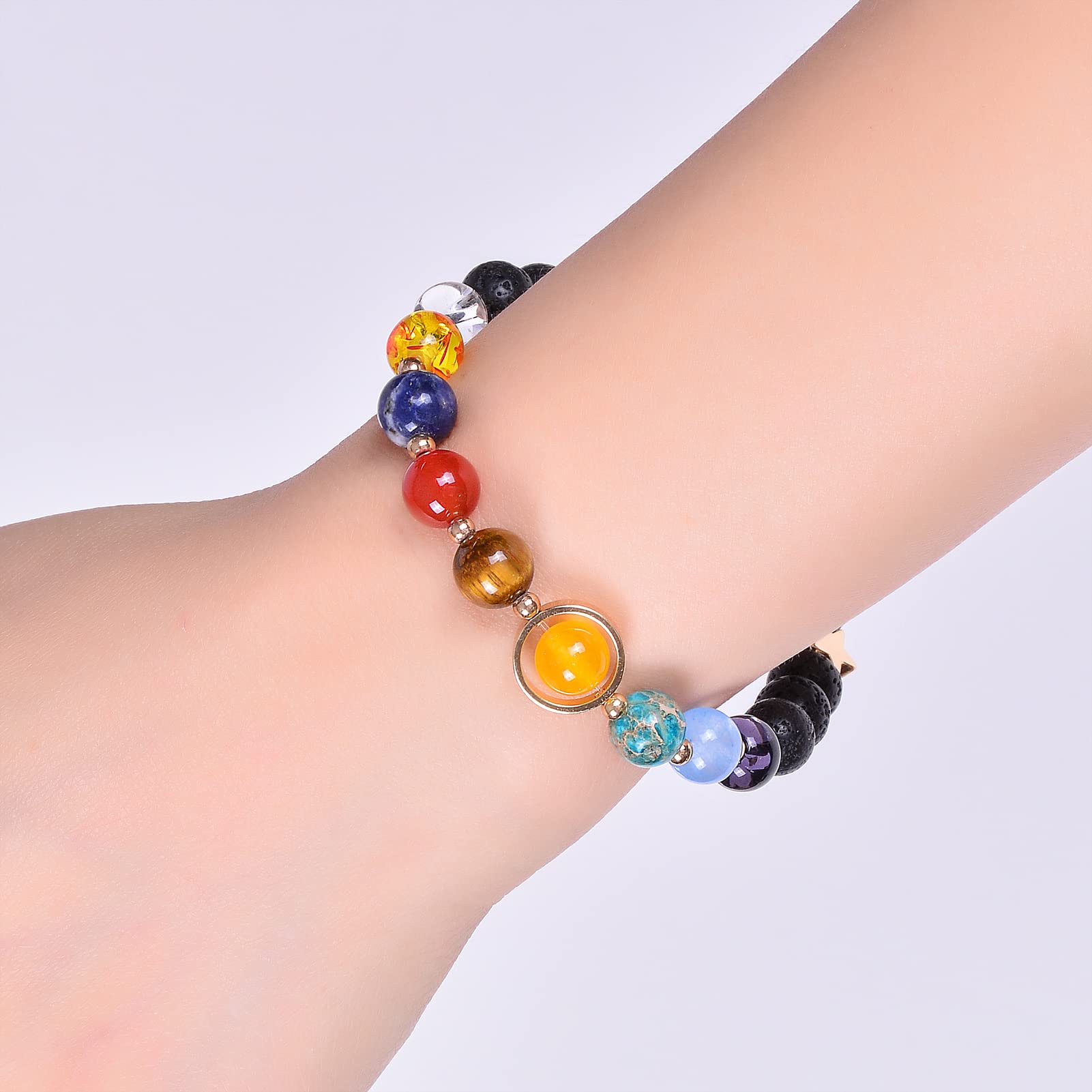 Solar System Bracelet - Universe Galaxy Bracelet with 8 Planets & Guardian Stars - Stretch Yoga Chakra Bracelet for Men & Women - Lava Rock Essential Oil Diffuser Bracelet for Meditation, Yoga & Spiritual Healing