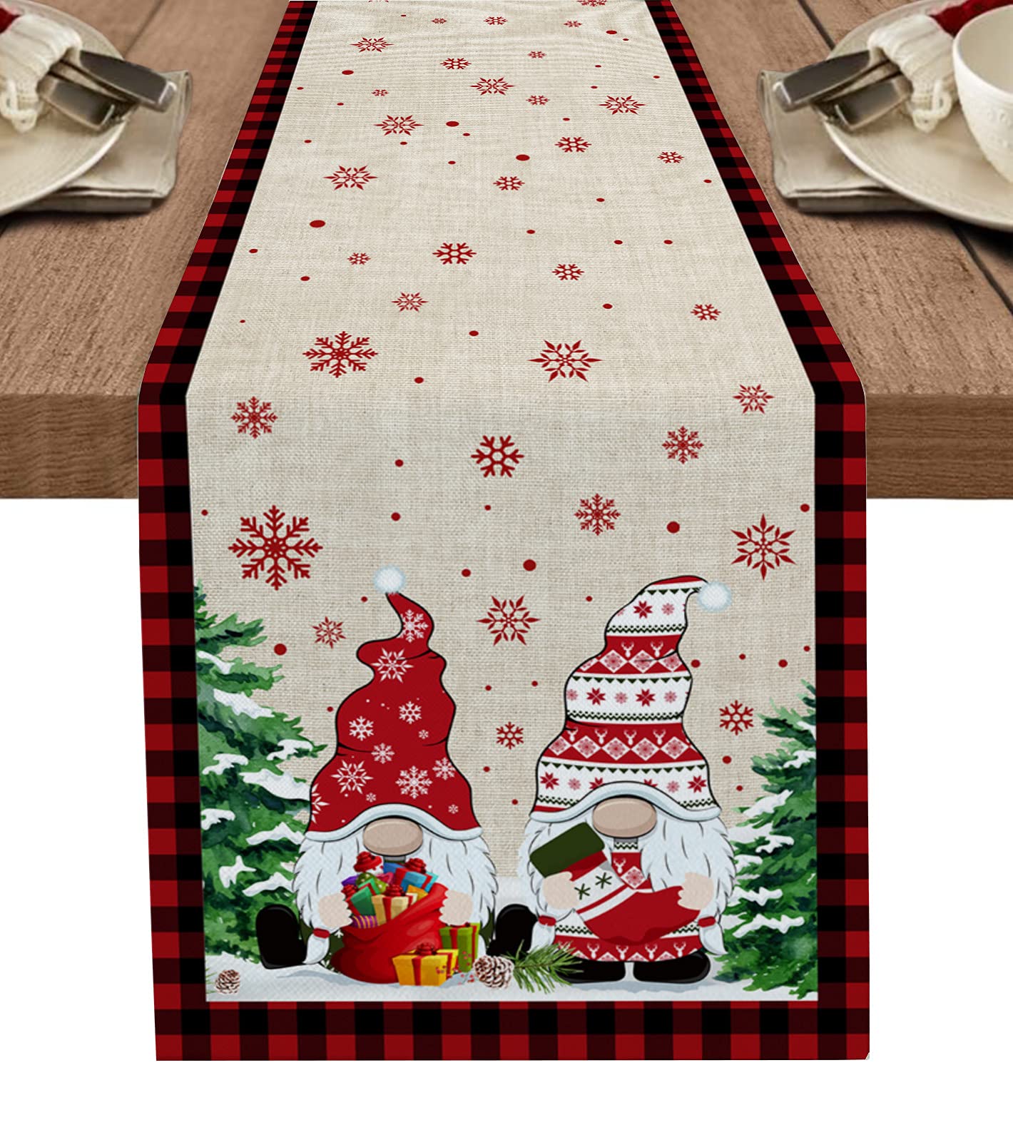 Christmas Gnome Trees Non-Slip Table Runner - 13x36 Inch Cotton Linen Dining Table Decor for Xmas, Outdoor Wedding & Coffee Party - Perfect for Holiday Tablescapes and Festive Home Decor