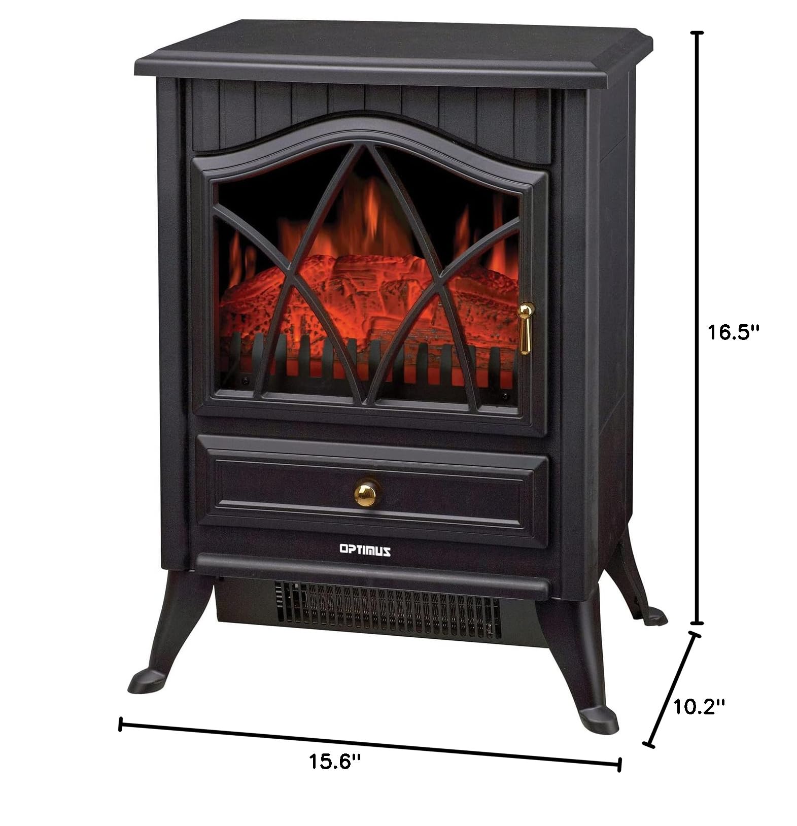 Optimus Electric Fireplace Heater with Realistic Flame Effect - 1500W Indoor Space Heater, Black - Perfect for Living Room, Bedroom & Office Warmth