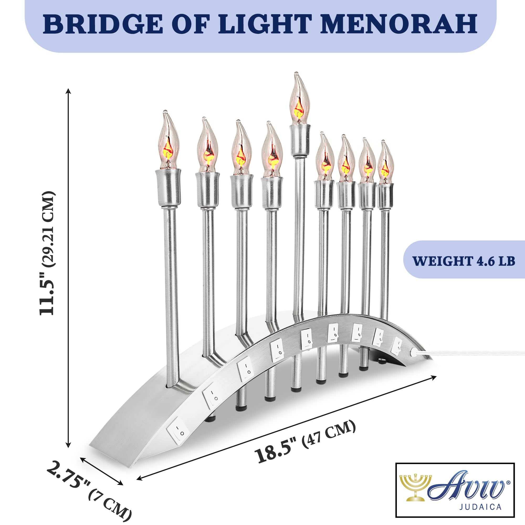 Hanukkah Electric Menorah - 9 Branch Hanukkiah with Flickering Flame LED Bulbs, Brushed Stainless Steel - Perfect for Home Decor, Jewish Holidays & Chanukah Celebrations by Aviv Judaica