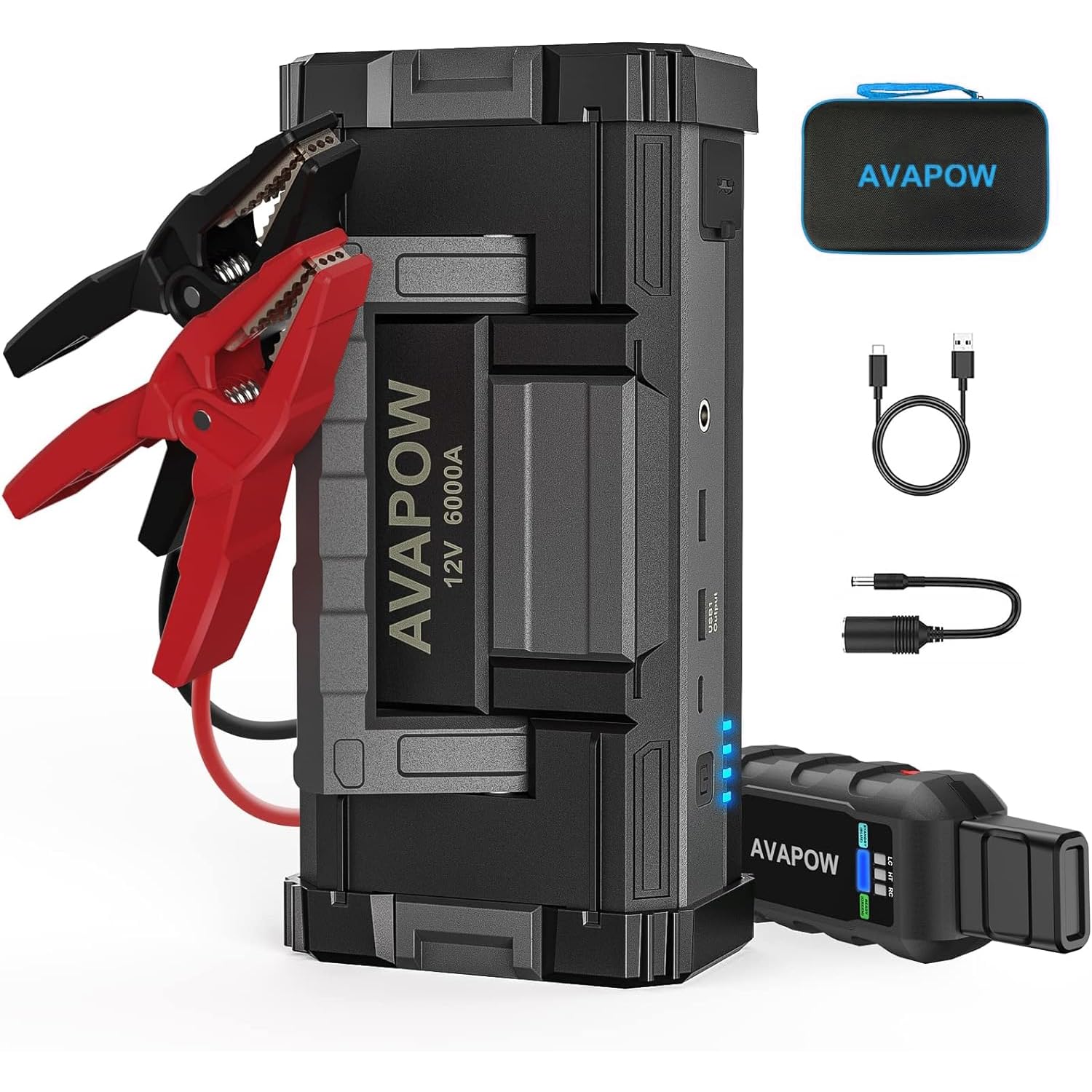 AVAPOW 6000A Car Battery Jump Starter - Powerful 12V Portable Jump Pack for All Gas & 12L Diesel Engines | Dual USB Quick Charge, DC Output & Built-in LED Light | Emergency Roadside Assistance, Camping & Power Outages