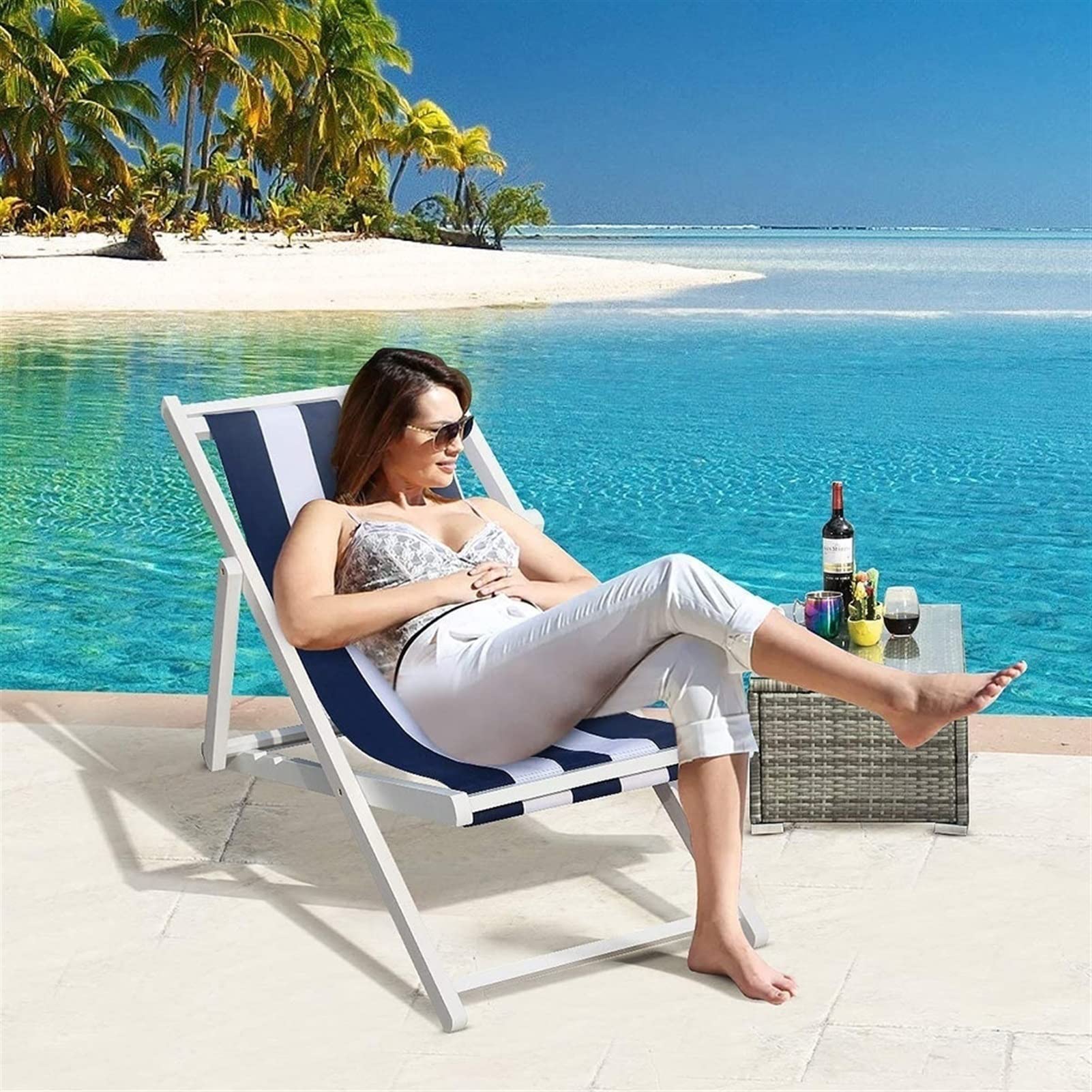 **Wooden Folding Sling Chair - Portable Reclining Patio Lounge Chair for Outdoor, Adjustable Beach & Pool Chair for Yard, Camping, Backyard Relaxation (2-Pack)**    **Usage Scenarios:** Perfect for beach trips, poolside lounging, backyard relaxation, camping adventures, and outdoor gatherings.
