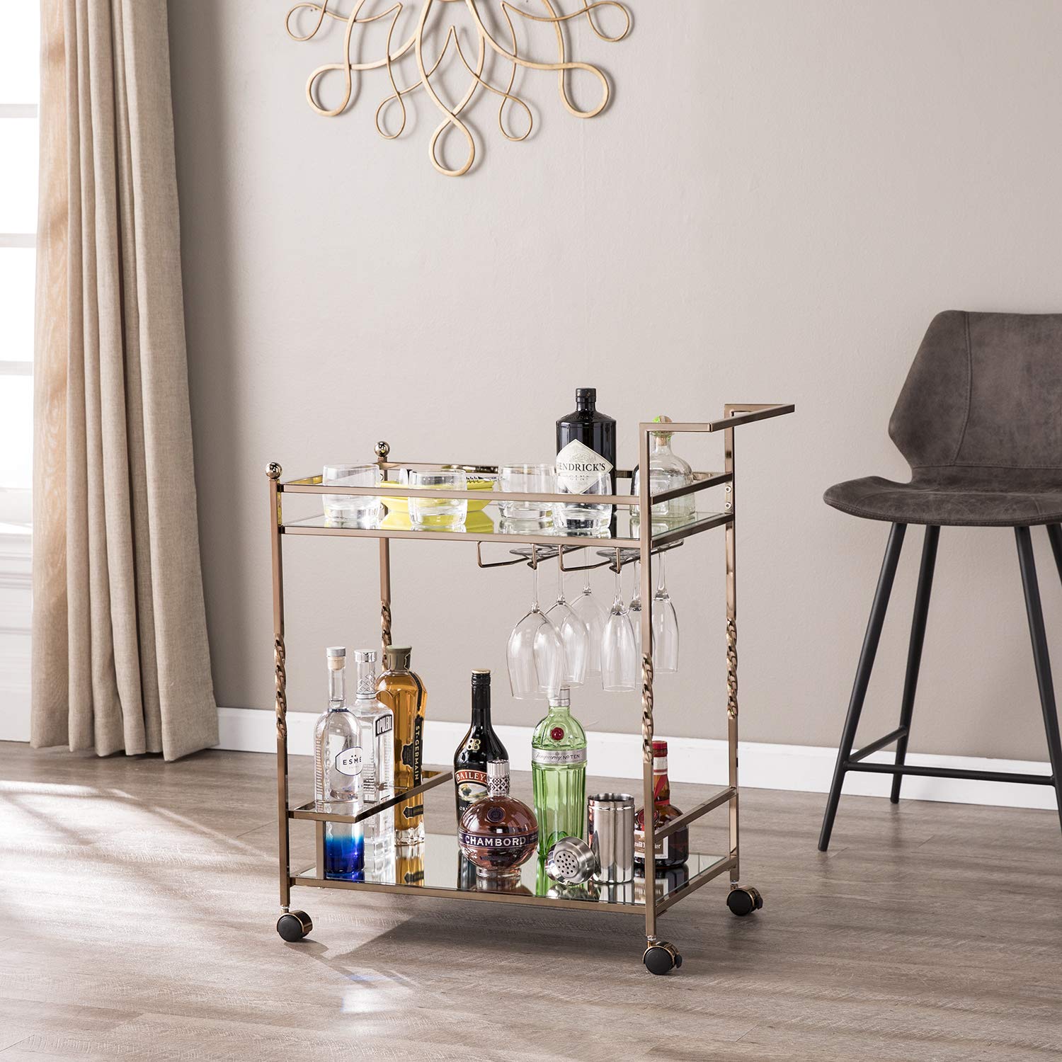 SEI Furniture Ivers Bar Cart - Gold Metal Rolling Serving Cart with 2 Shelves & Wheels - Stylish Home Bar, Kitchen, or Living Room Decor for Entertaining & Storage (AMZ5853ZH)