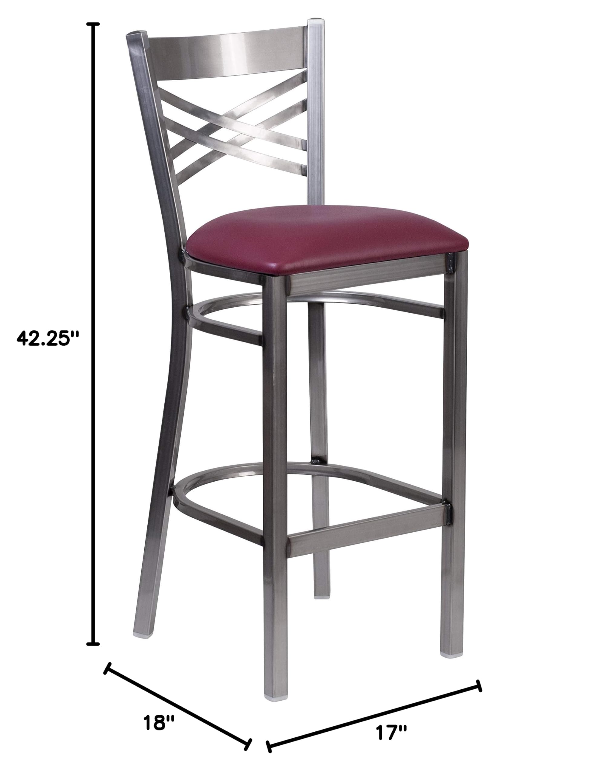 2 Pack Clear Coated X-Back Metal Bar Stools with Burgundy Vinyl Seat - Heavy Duty Counter Height Stools for Kitchen Island, Restaurant, Bar & Home Decor
