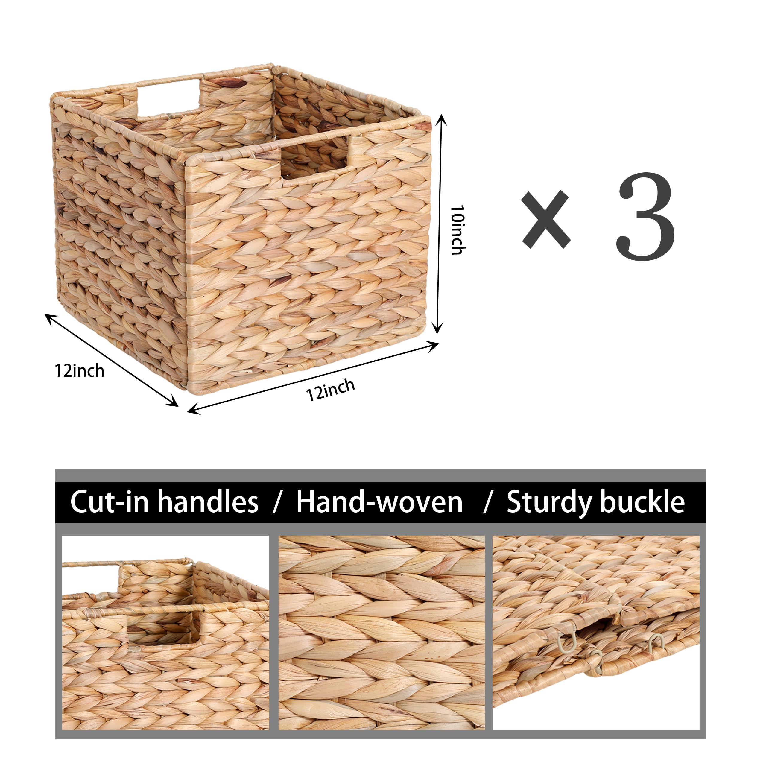 12x12x10 Inch Water Hyacinth Folding Storage Basket - Natural Wicker Cube Bin for Shelves, Pantry, Kitchen Organization | Perfect for Home Decor, Closet Storage & Bathroom Essentials