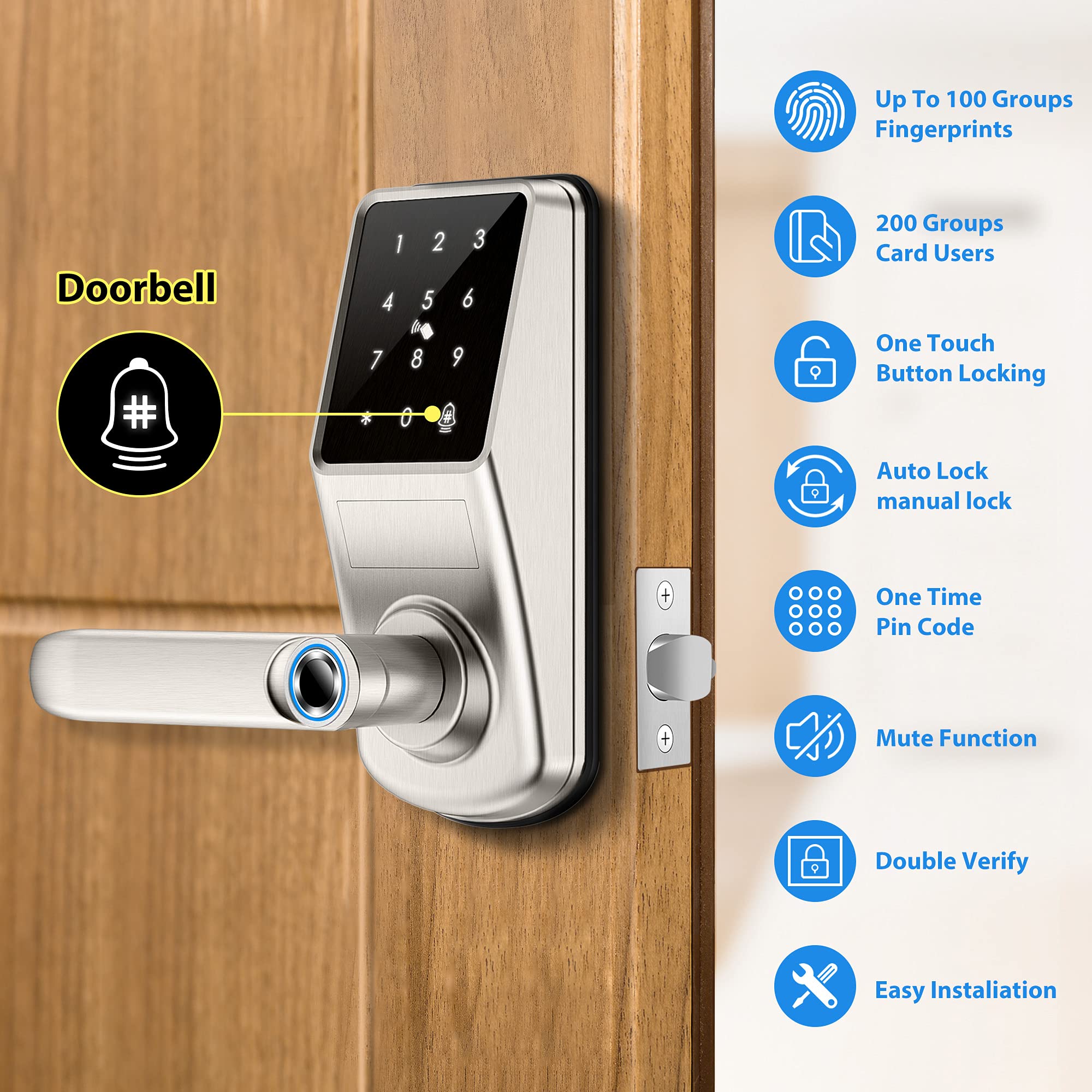 Smart Door Lock with Fingerprint, Bluetooth & Key Card - Keyless Entry for Front Door, Office, Garage & Airbnb - Digital Door Lock with App Control & Handle for Enhanced Security & Convenience
