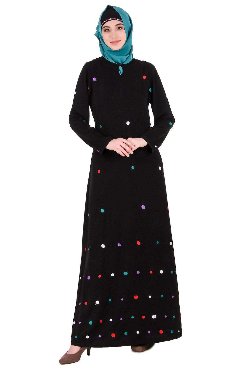 Elegant Embroidered Polka Dot Abaya Dress for Women - Modest Islamic Fashion - Perfect for Prayer, Eid, Wedding & Special Occasions