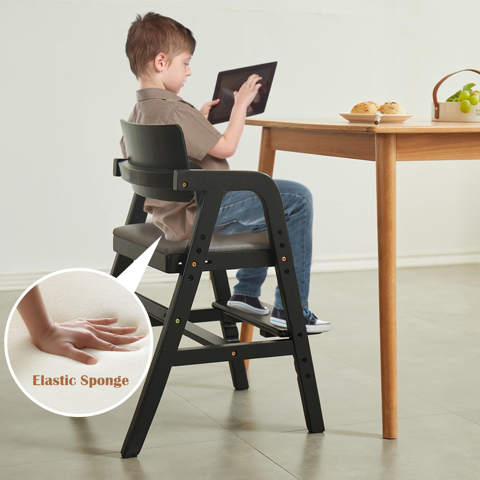 **Solid Wood Toddler High Chair - Adjustable Height Baby Dining & Study Chair for Kids - Perfect for Mealtime, Learning & Play at Home**