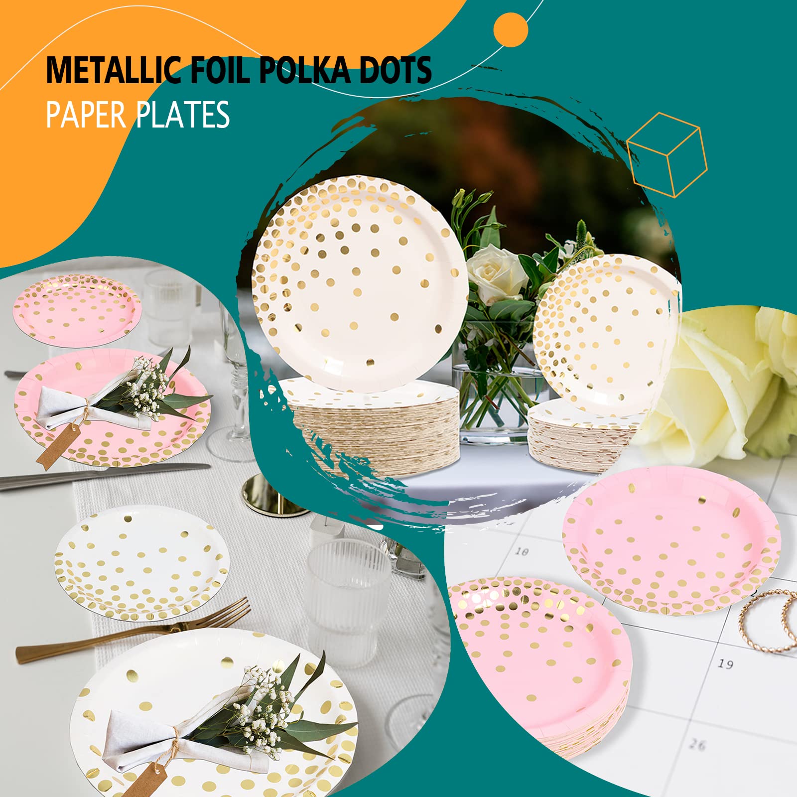 DYLIVeS 80 Count White and Gold Paper Plates - 9 Inch Metallic Foil Polka Dot Disposable Party Plates for Desserts, Cocktails, Birthdays, Bridal Showers, Easter & Graduation Decorations - Perfect for Elegant Events, Holiday Parties & Special Occasions