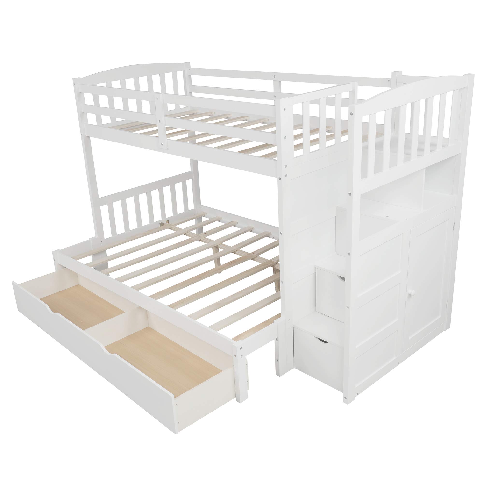 Twin Over Full Bunk Bed with Storage Shelves & Drawers - Convertible Bottom Bed, No Box Spring Needed - Space-Saving Kids Bedroom Furniture for Small Rooms & Shared Spaces (White)