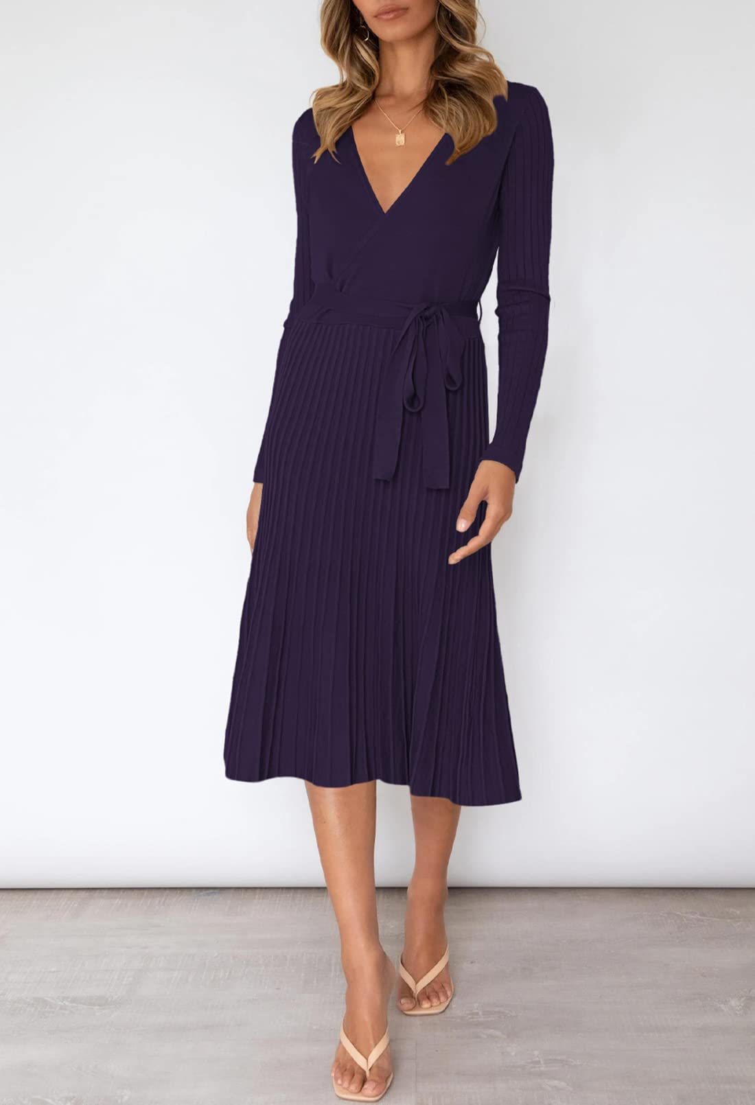 Pink Queen Women's Wrap Sweater Dress - V Neck Long Sleeve Ribbed Knit Midi Dress with Belt | Casual Office Wear, Fall Winter Outfits, Date Night Dresses
