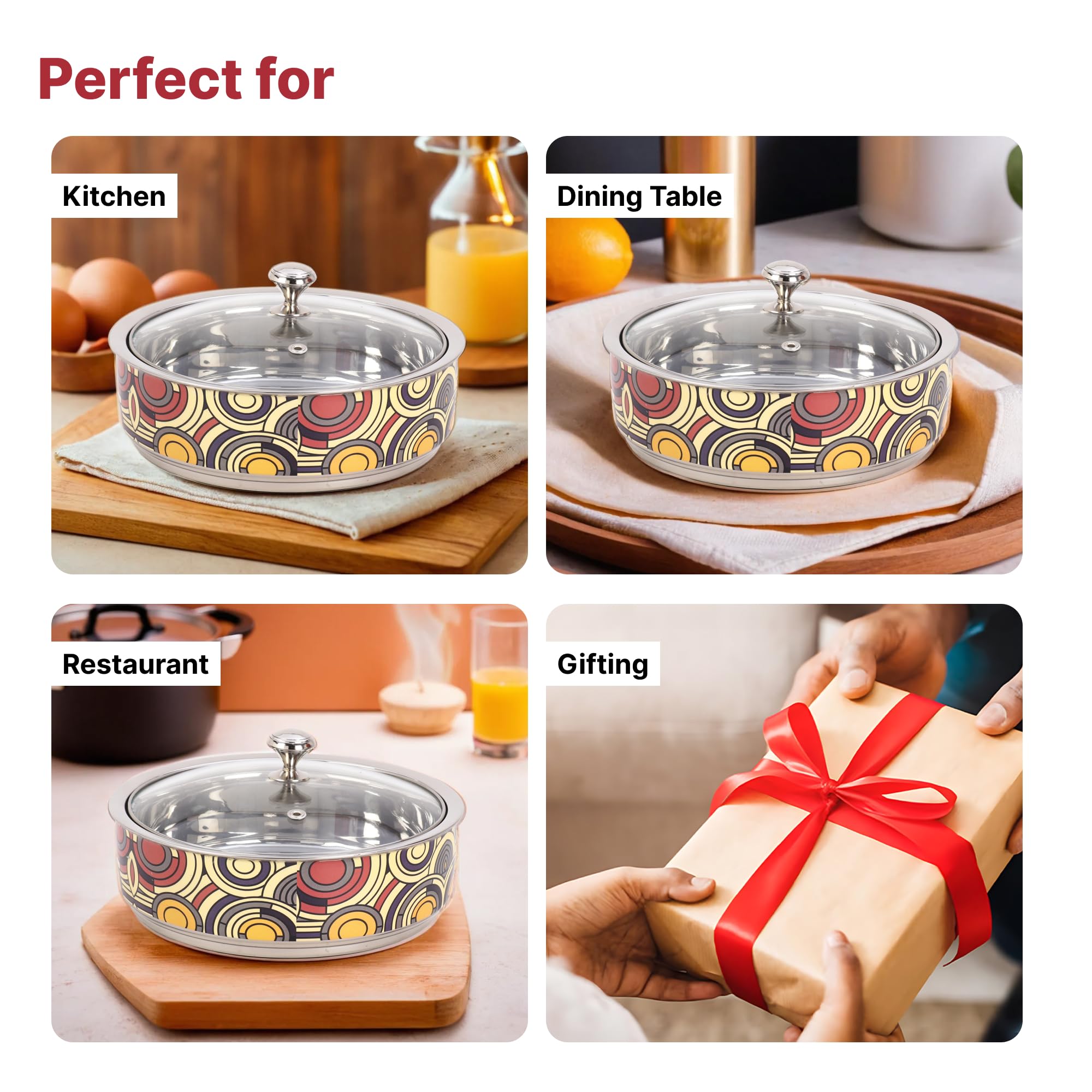 USHA SHRIRAM 1500ml Insulated Stainless Steel Roti Casserole - Hot Chapati Storage Box for Kitchen, Curry Serving Bowl Set - Perfect for Meal Prep, Picnics & Indian Food Presentation (Print 3)