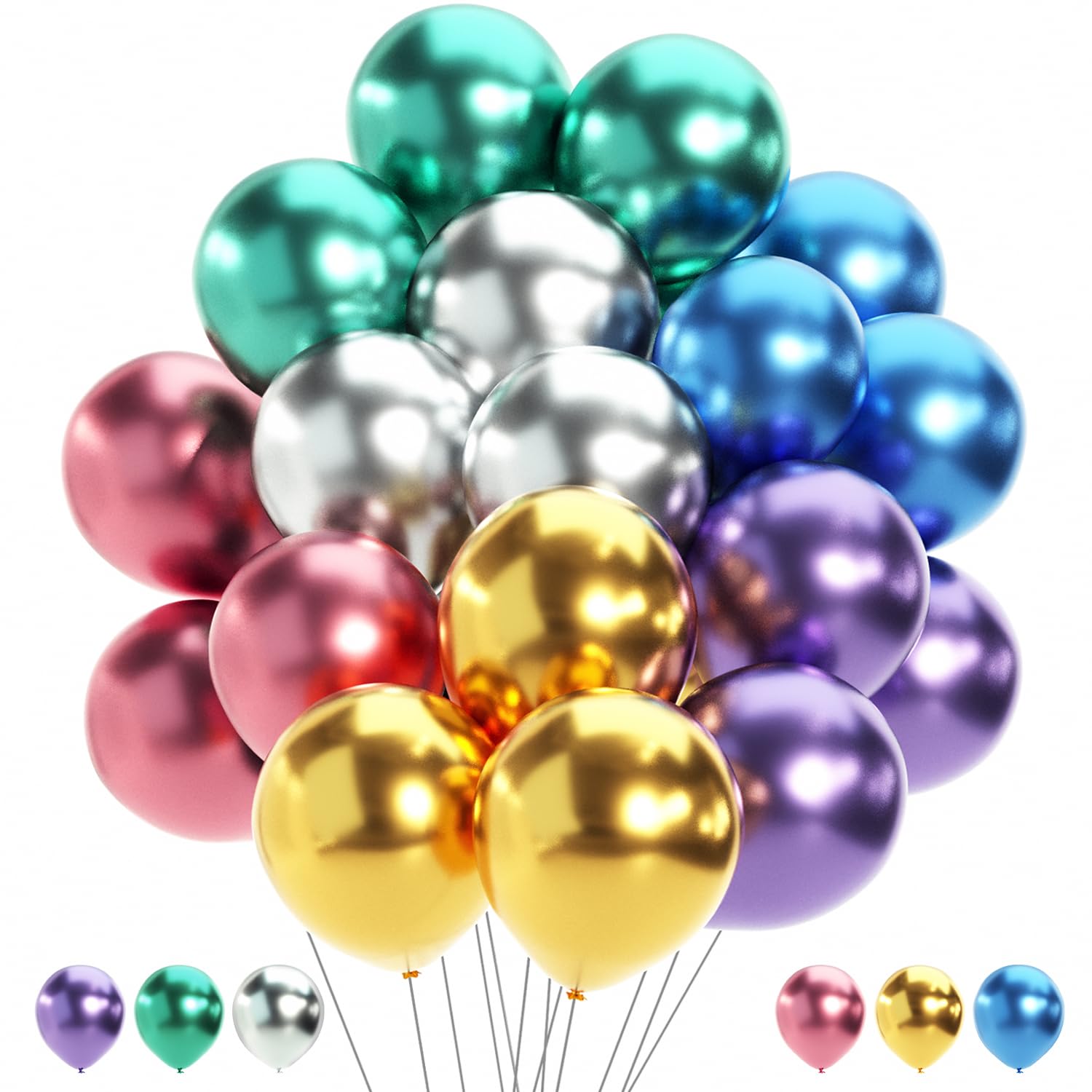 50pcs 12 Inch Metallic Latex Balloons - Assorted Colors for Birthday Parties, Baby Showers & Wedding Decorations - Helium Ready Party Balloons for Indoor & Outdoor Events
