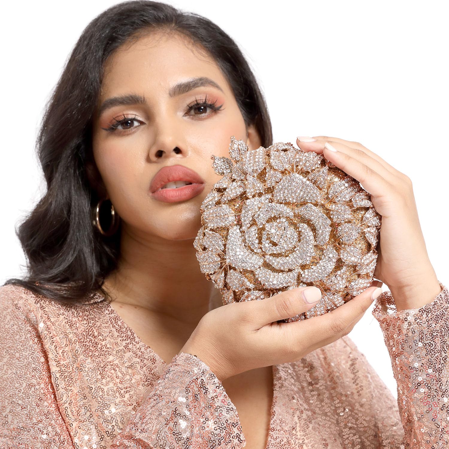 Elegant Round Rose Crystal Clutch Purse for Women - Formal Evening Bag, Wedding Clutch, Party Handbag, Mini Purse | Perfect for Weddings, Galas, Prom & Special Occasions