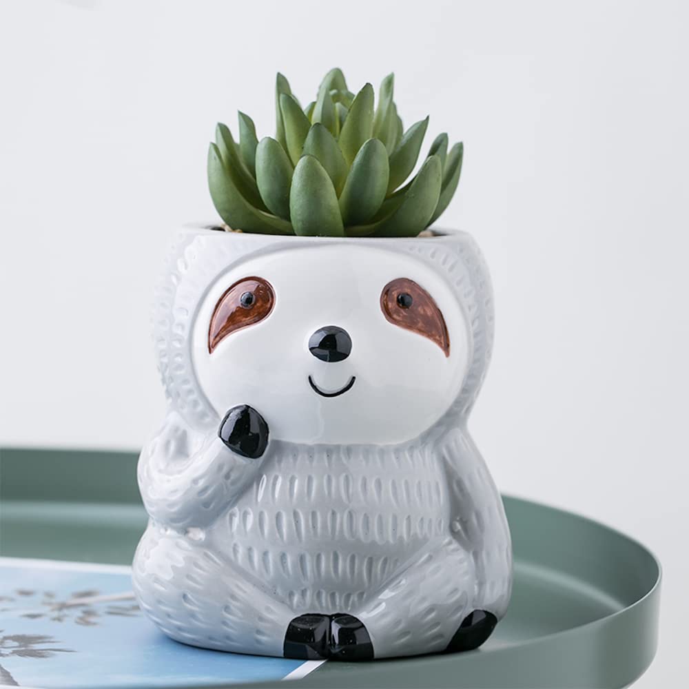 Gray Sloth Planter Pot for Succulents, Plants & Flowers - Cute Animal Shaped Ceramic Planter with Pencil Holder Function - Perfect Indoor Plant Pot Gift for Plant Lovers (Home Decor, Office Desk, Garden Decor)