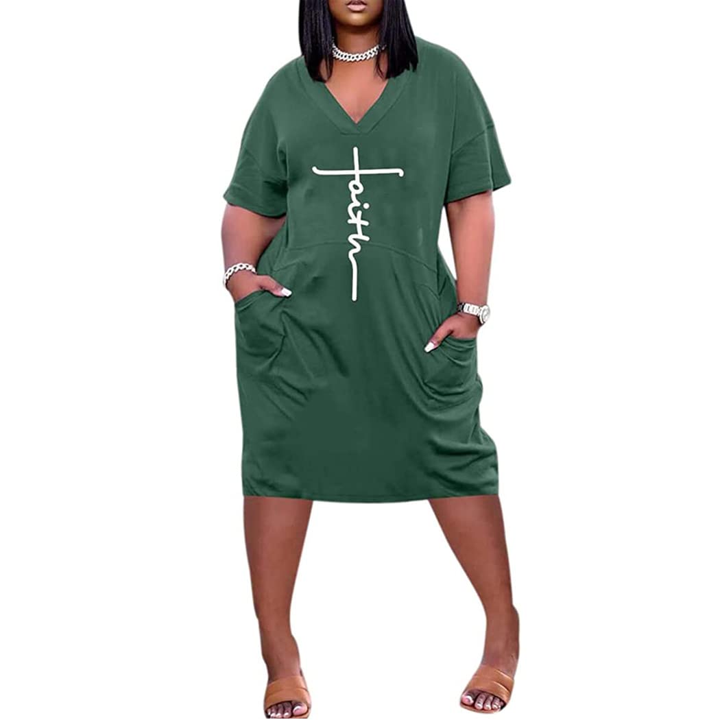 Women's Faith T-Shirt Dress - Summer Short Sleeve V-Neck Loose Casual Midi Dress with Pockets | Church Outfit, Beach Cover Up, Everyday Wear