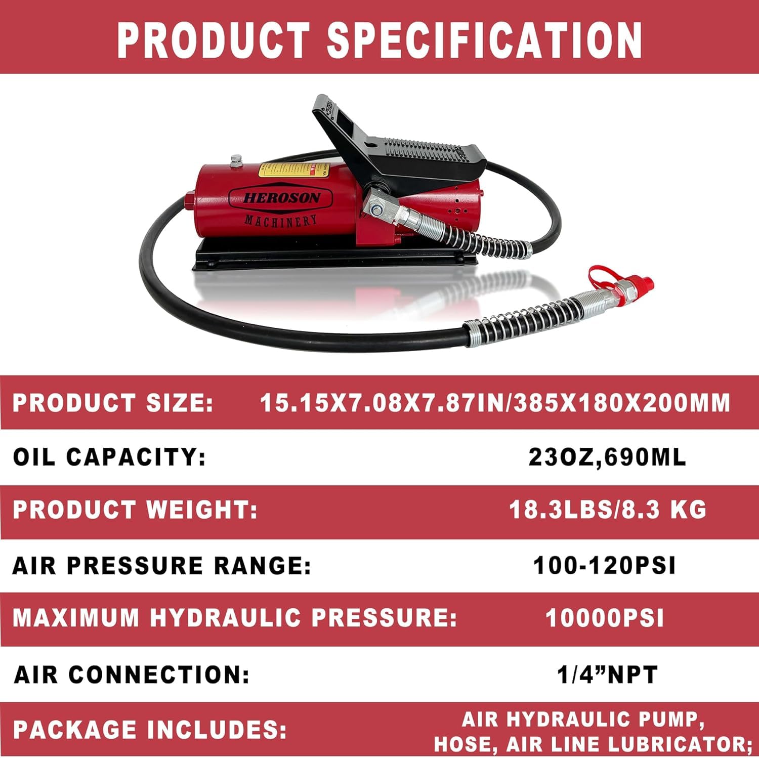 HEROSON 10,000 PSI High Pressure Pneumatic Hydraulic Pump - 0.7L Oil Reservoir, 3/8