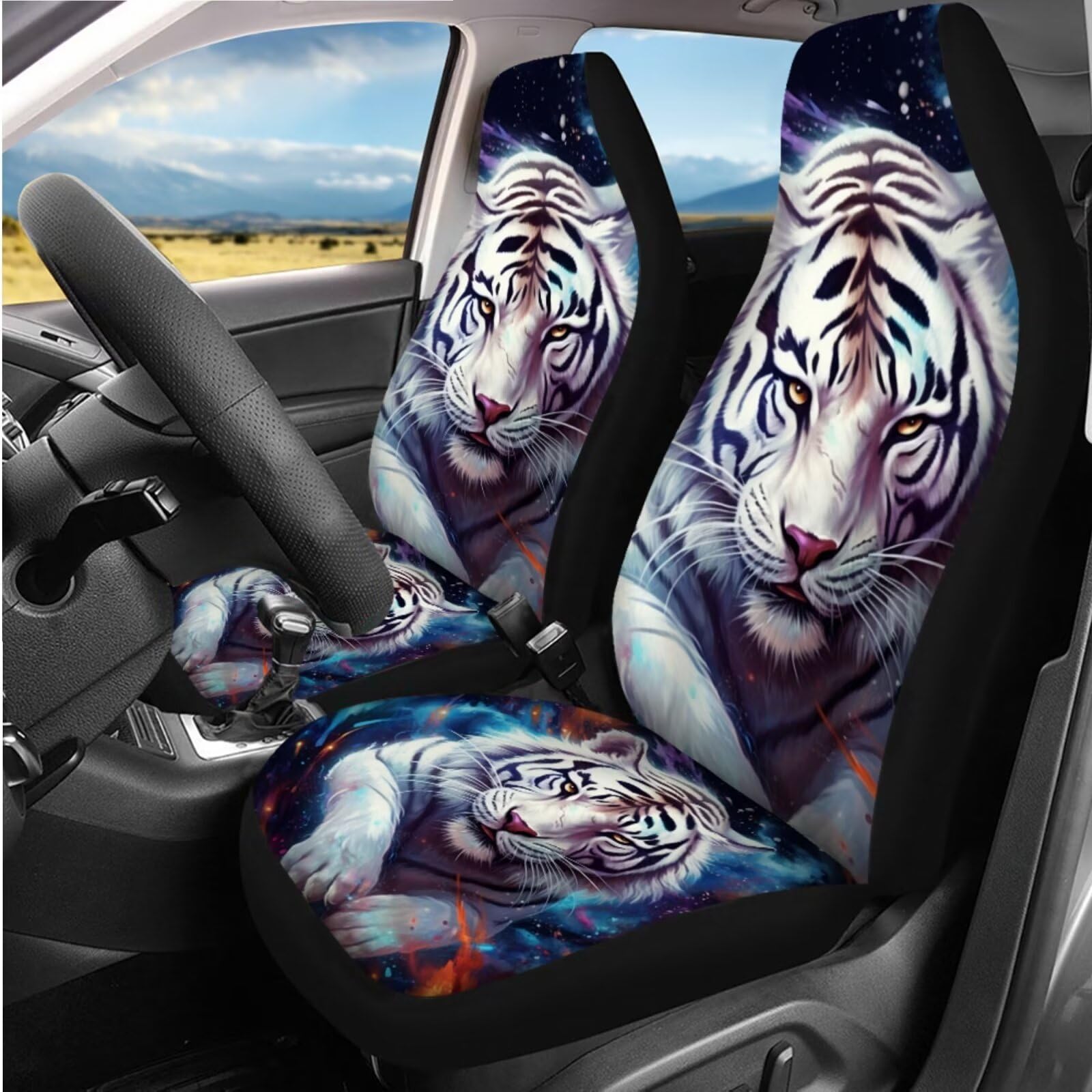 Premium White Tiger Print Car Seat Covers Full Set - Universal Fit for Women & Men | Steering Wheel Cover, Front & Back Seat Protectors, Seat Belt Pads, Coasters & Keychains | SUV/Truck Interior Decor Accessories for Road Trips & Daily Commute