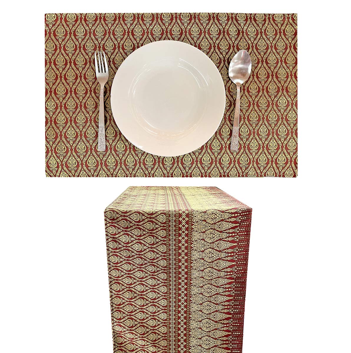 AMORNPHAN Traditional Thai Silk Damask Brocade Table Runner & Placemats Set - Handwoven 100% Silk Dining Table Decor (1 Runner + 4 Placemats) - Elegant Table Setting for Weddings, Parties & Home Decor