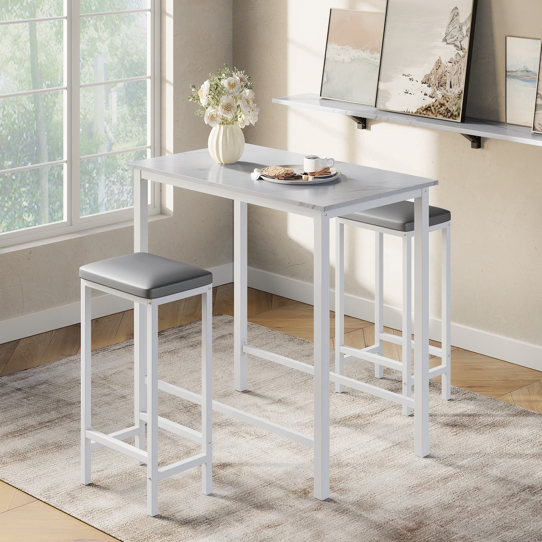 White Bar Height Dining Table Set for 2 - 3-Piece Pub Counter Height Kitchen Table with 2 Backless Cushioned Stools - Faux Marble Breakfast Nook for Small Spaces & Apartments - Perfect for Kitchen, Dining Room, or Breakfast Nook Decor