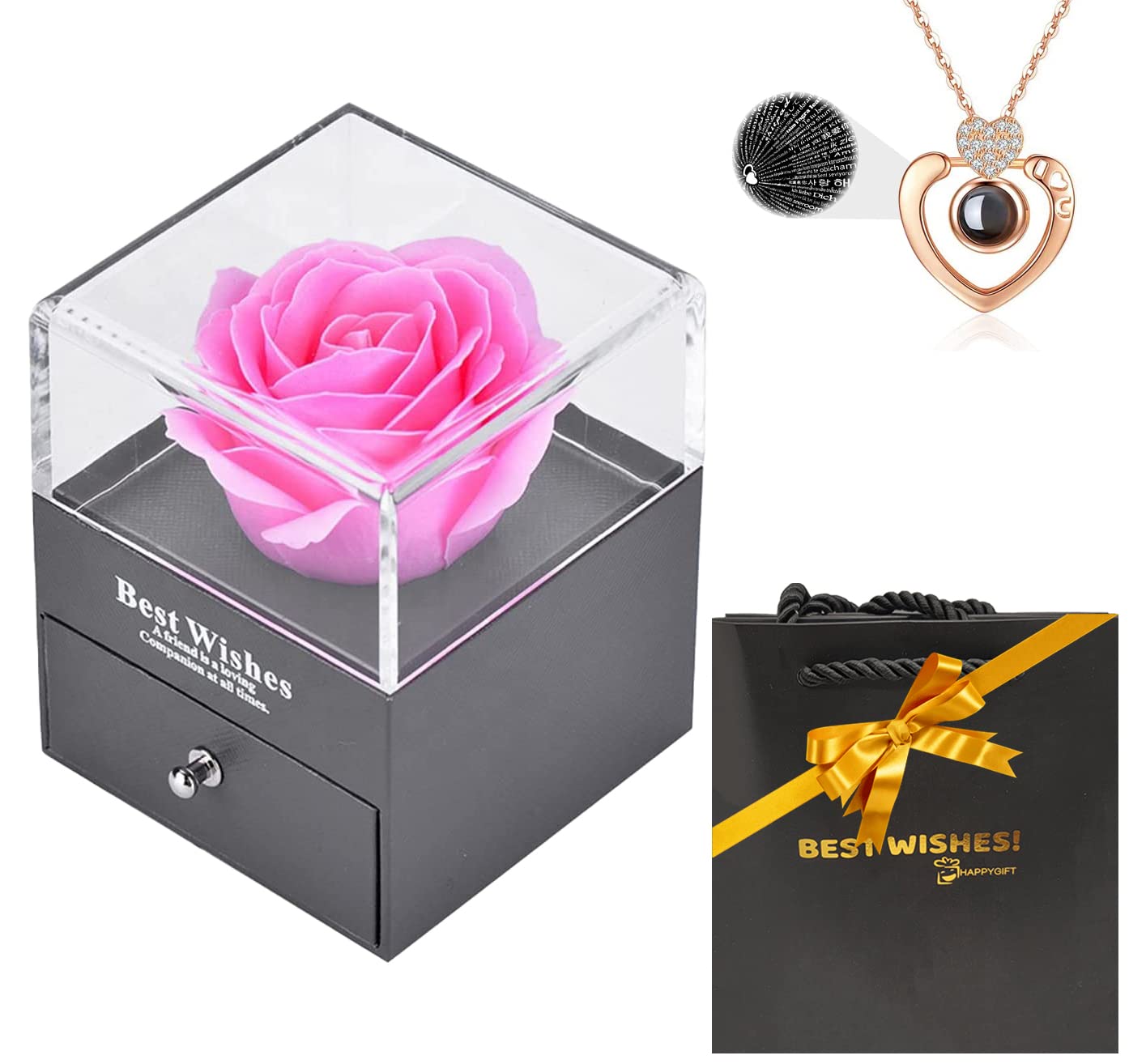 Forever Preserved Rose with 'I Love You' Necklace in 100 Languages - Exquisite Eternal Rose Gift Set for Mom, Wife, Girlfriend - Perfect for Valentine's Day, Anniversary, Birthday & Mother's Day - Romantic Home Decor & Thoughtful Present (Pink)