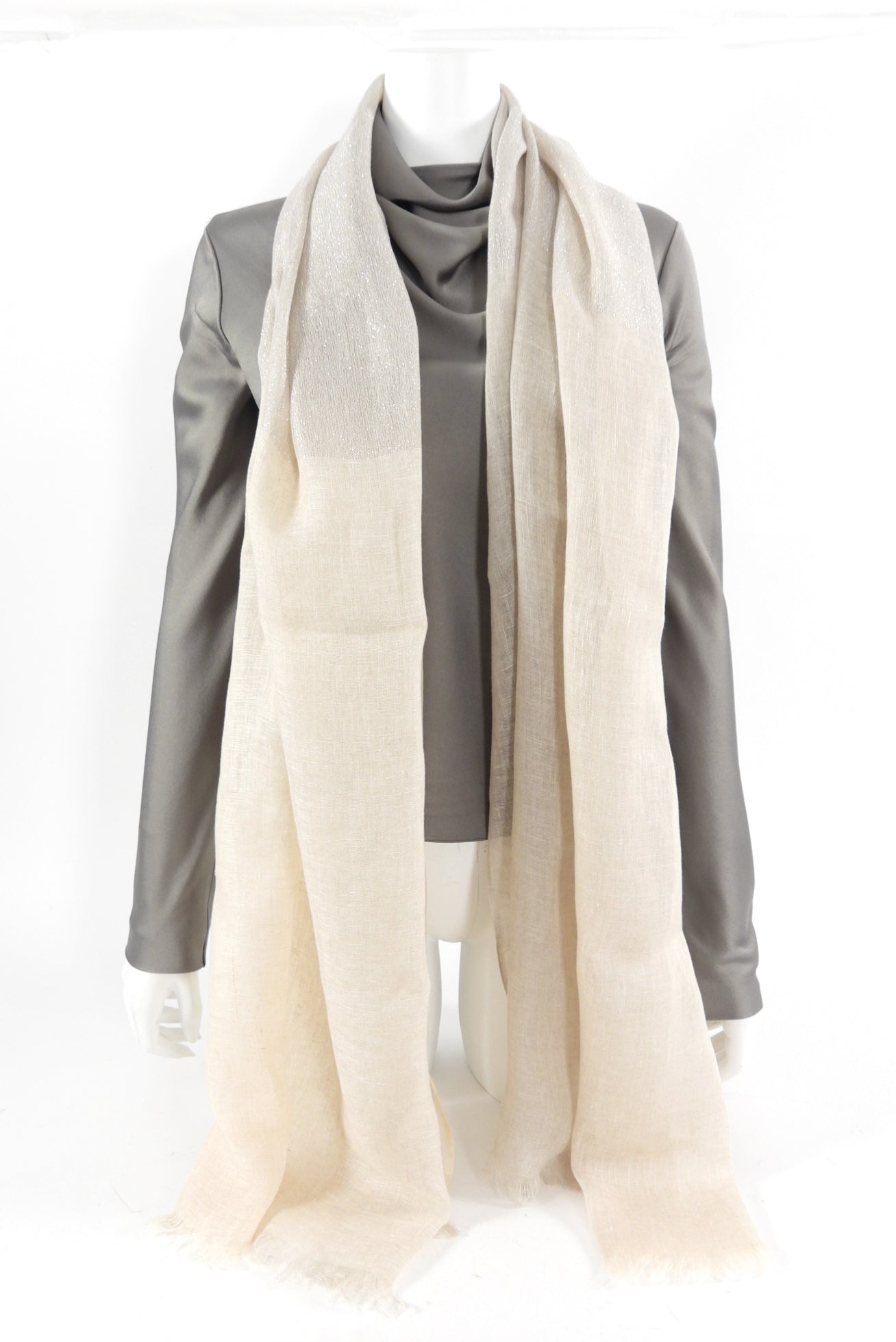 Brunello Cucinelli Natural Linen Shimmer Shawl Scarf - Lightweight Woven Wrap for Women, Elegant Evening Wear & Boho Chic Accessory