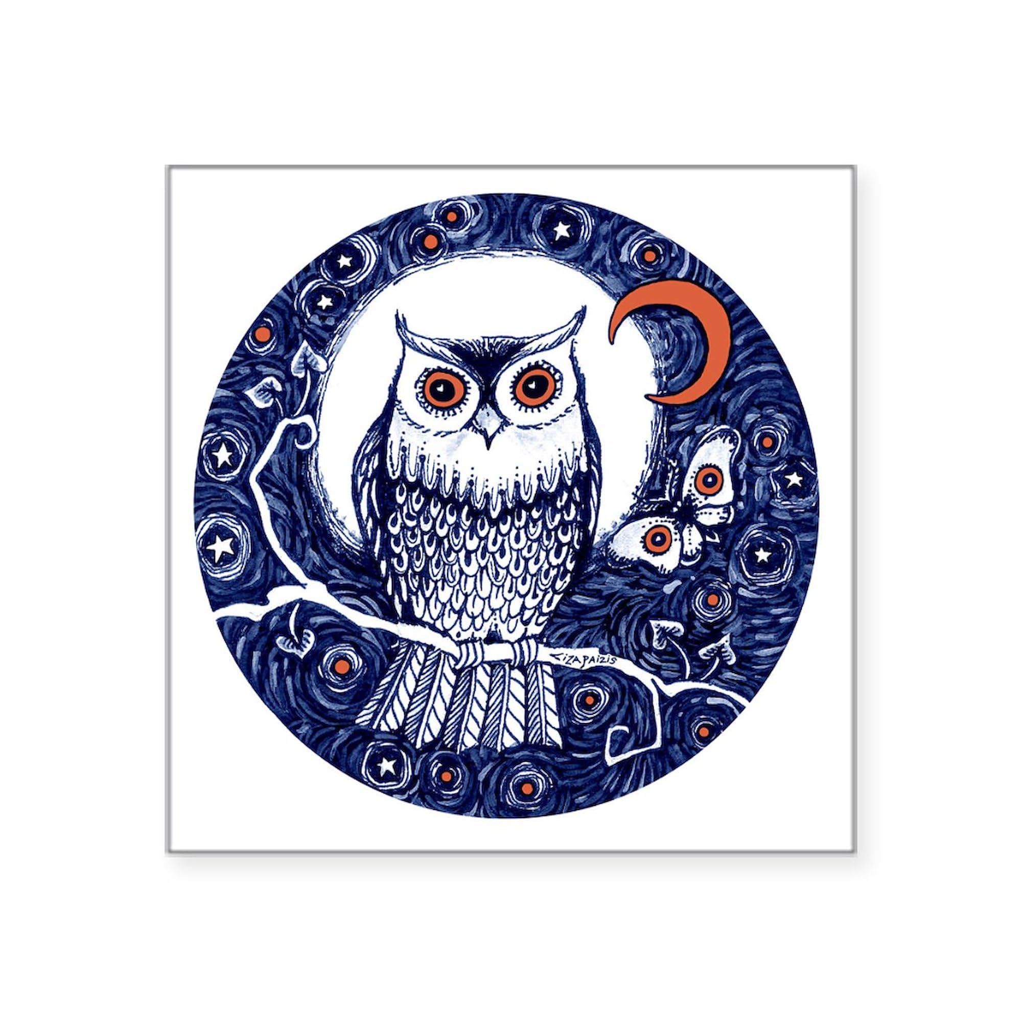 Blue Owl with Moon Square Sticker - 3x3 Inch Bumper Decal for Cars, Laptops & Windows | Durable Vinyl Car Decal for Outdoor Use