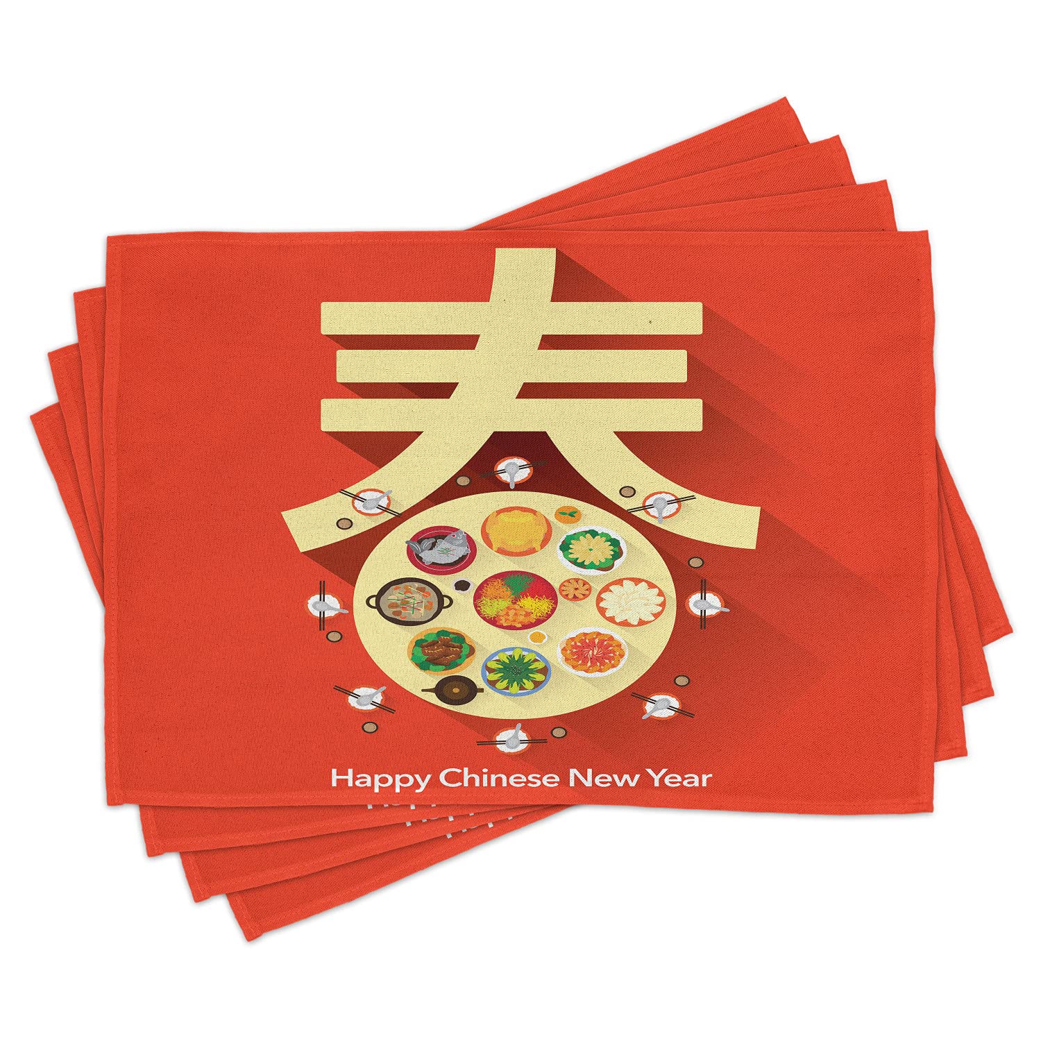 Ambesonne Chinese New Year Place Mats Set of 4 - Traditional Lunar Festival Table Decor with Family Reunion Dinner Design - Washable Fabric Dining Table Mats - Red & Yellow Standard Size - Perfect for Holiday Celebrations, Home Decor, and Festive Gatherings